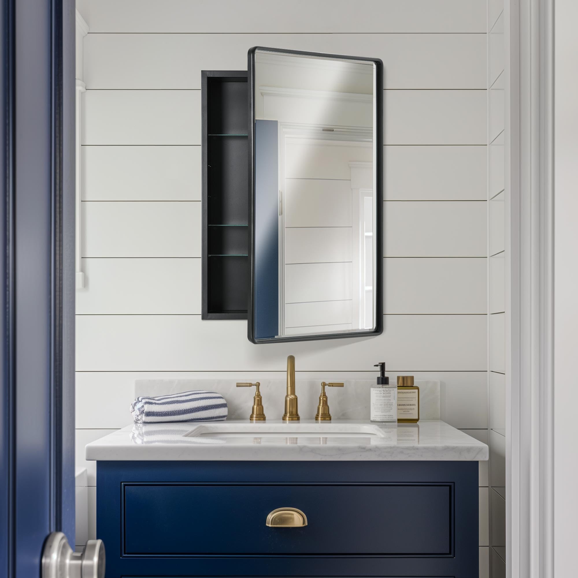 Head West Black Metal Medicine Cabinet with Beveled Mirror - 16.5