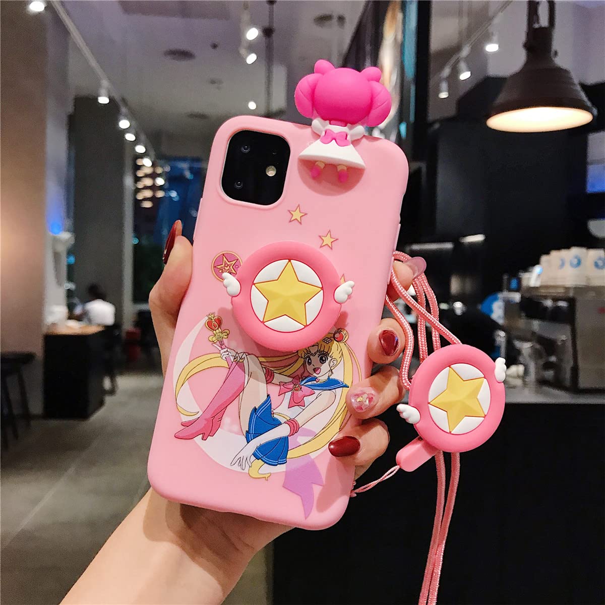 MOQINO Cute Cartoon Moon iPhone Case with Stand & Strap - Soft TPU Protective Cover for iPhone 7 Plus/8 Plus - Perfect for Daily Use, Travel & Selfies
