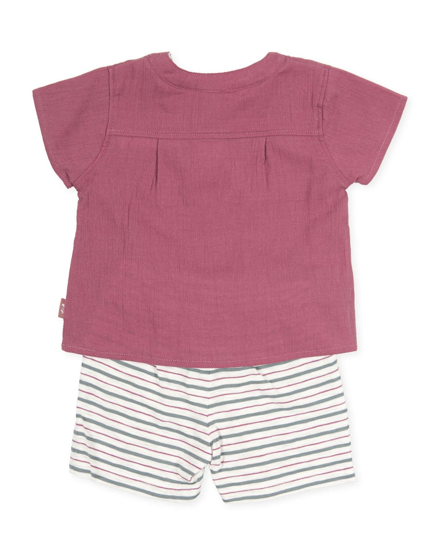 Zephyr Plum Cheesecloth T-Shirt & Striped Shorts Set - Soft Cotton Summer Outfit for Women | Perfect for Beach, Picnic & Casual Wear