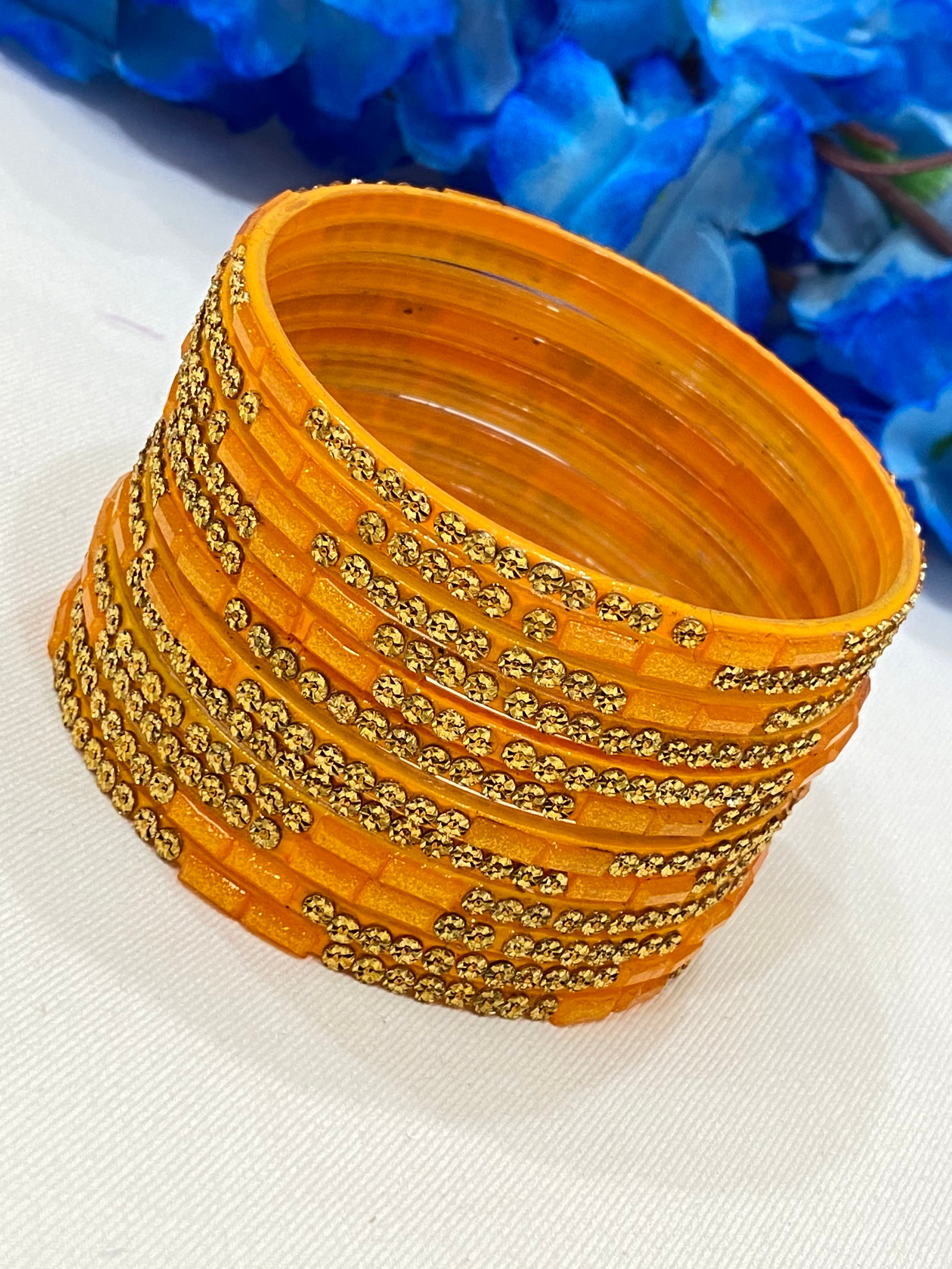 Stylish Orange Cutwork Stone-Embellished Glass Bangles for Women - Perfect for Parties, Weddings & Ethnic Fashion Accessories