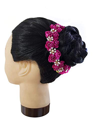 AASA Artificial Gajra Hair Accessories for Women - Dark Pink Floral Juda Hair Jewelry for Weddings, Parties & Traditional Occasions