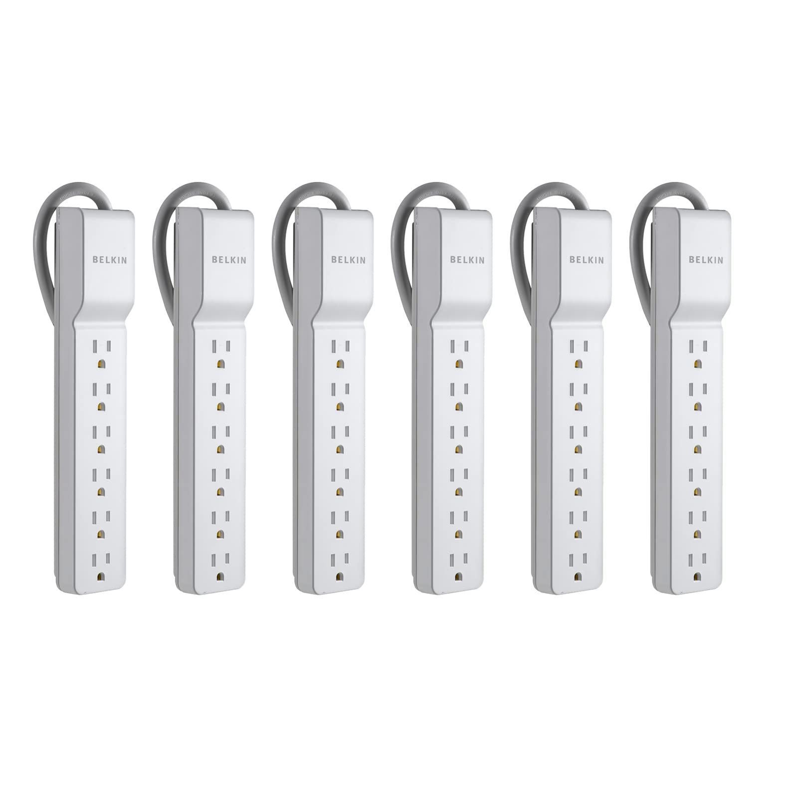 Belkin 6-Outlet Surge Protector Power Strip with Flat Rotating Plug, 6ft Cord - 1080 Joules Protection for Home Office, Gaming Setup & Small Appliances - White (6-Pack) - Perfect for Workstations, Entertainment Centers & Travel Use