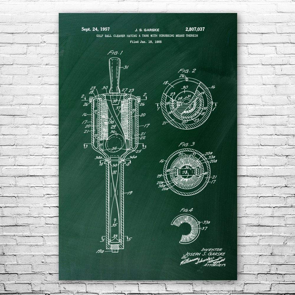 Patent Earth Golf Ball Washer Poster Print - Premium Golf Art & Decor - Unique Golf Gifts for Men & Women - 13x19 Inch Chalkboard Style Wall Art - Perfect for Golf Lovers, Caddie Gifts & Man Cave Decor