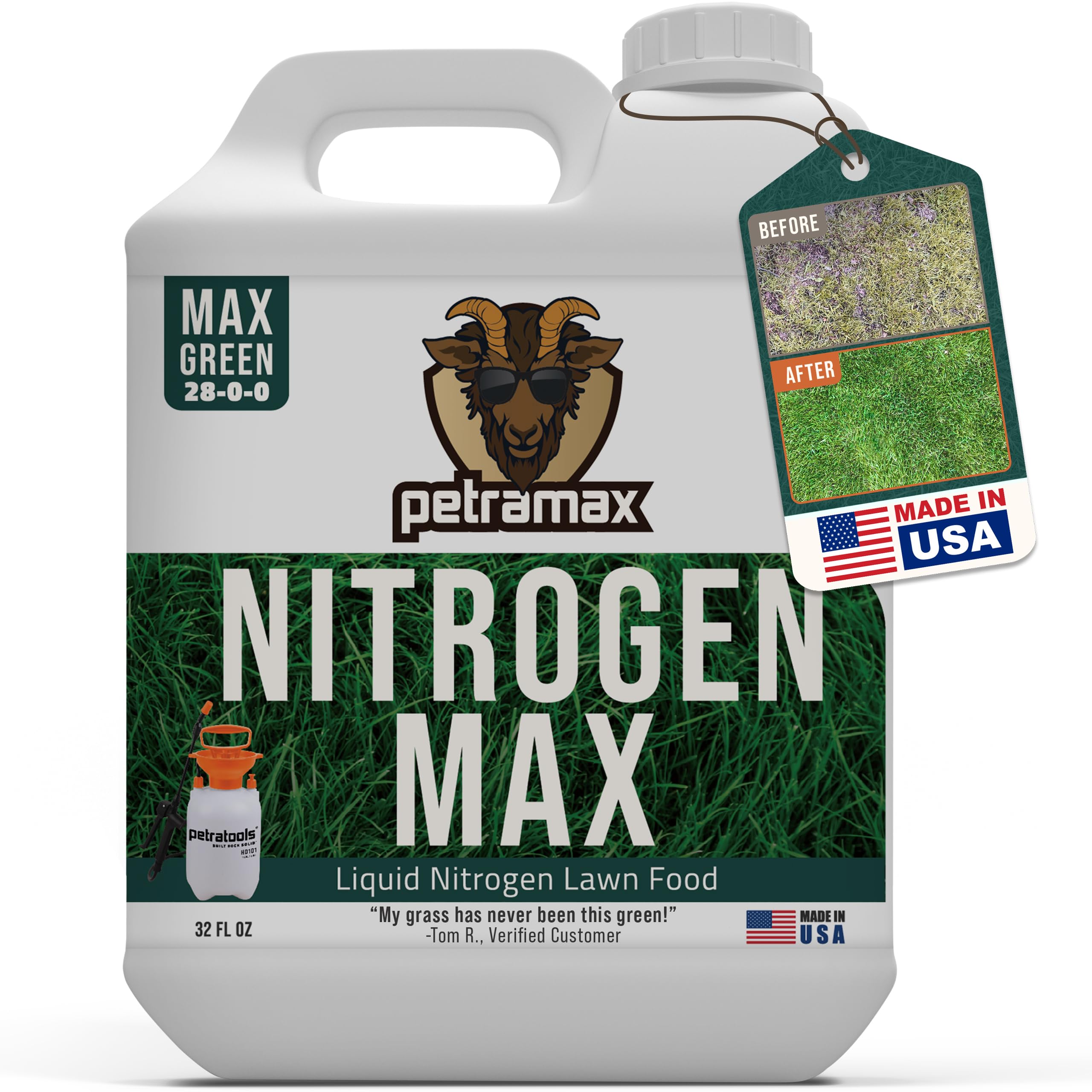 Petramax 28-0-0 NPK Liquid Nitrogen Fertilizer - 32oz Lawn Food for Spring & Summer, Easy Spray Application for Deep Green Grass - Slow Release High Nitrogen Turf Builder - Perfect for Home Lawns, Golf Courses & Sports Fields
