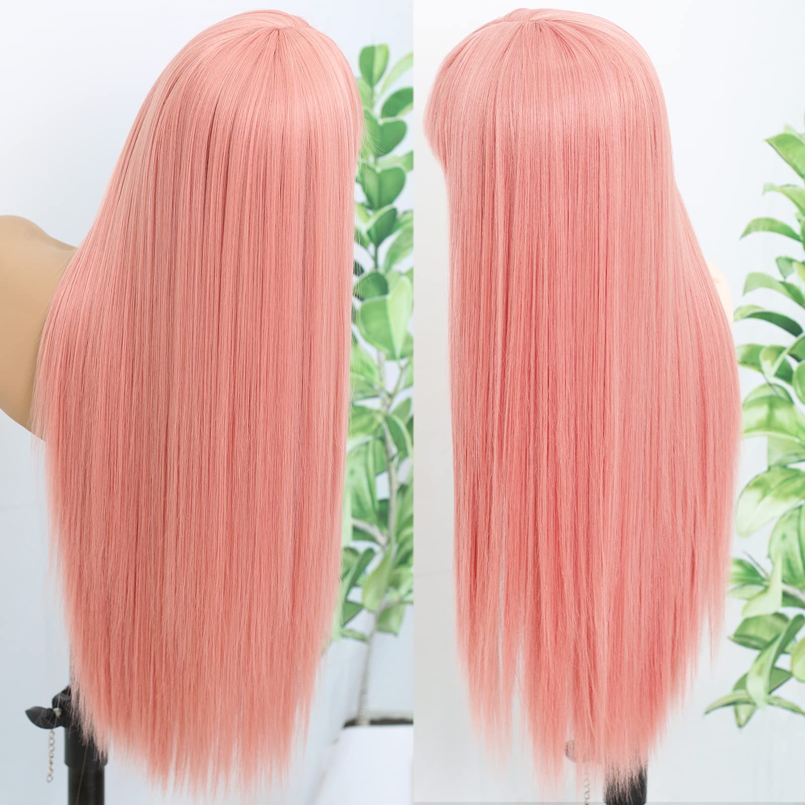 Zero Two Pink Cosplay Wig with Bangs - 24 Inch Light Straight Synthetic Heat Resistant Hair for Anime Costume, Halloween Party & Egirl Fashion (Perfect for White Women)