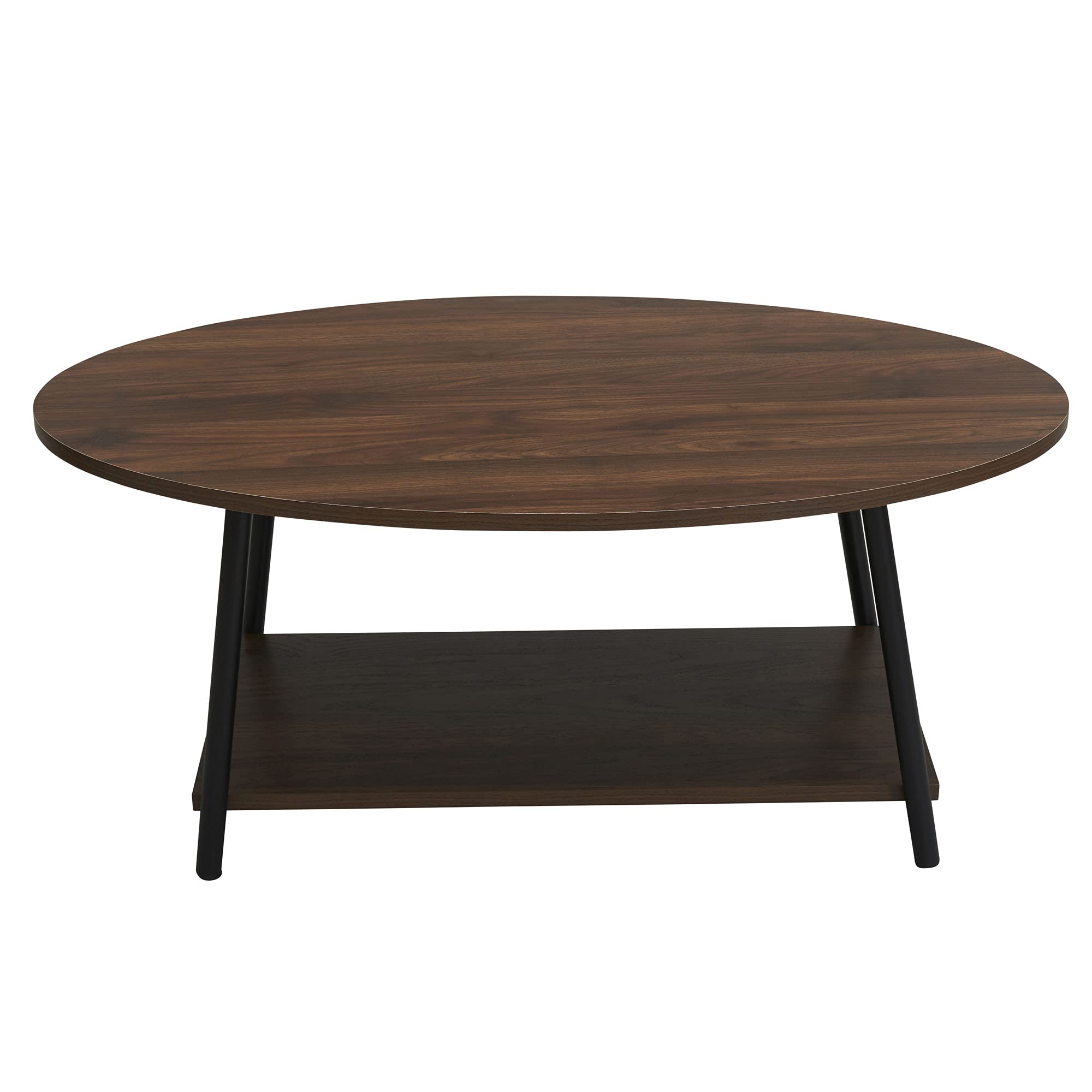 Mid Century Modern Jamestown Oval Coffee Table with Storage Shelf - Walnut Wood Grain & Black Metal - Perfect for Living Room, Office, or Lounge Area