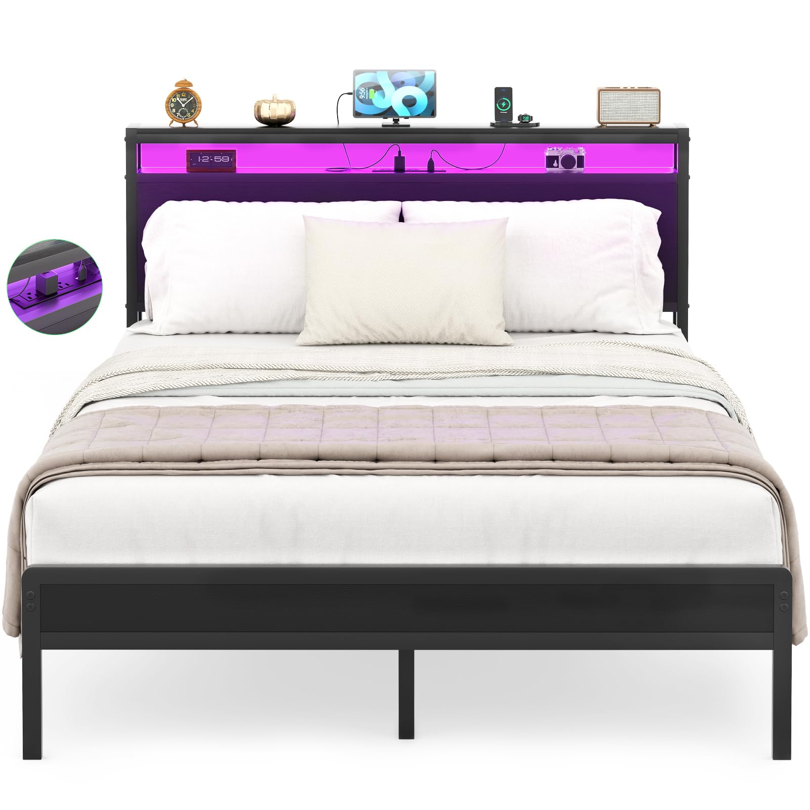Homieasy Black Full Size Bed Frame with Headboard - Sturdy Metal Platform Bed with USB Charging Station & LED Lights - Industrial Style Bed Frame, No Box Spring Needed, Quiet & Noise-Free - Perfect for Modern Bedrooms, Dorms & Small Spaces