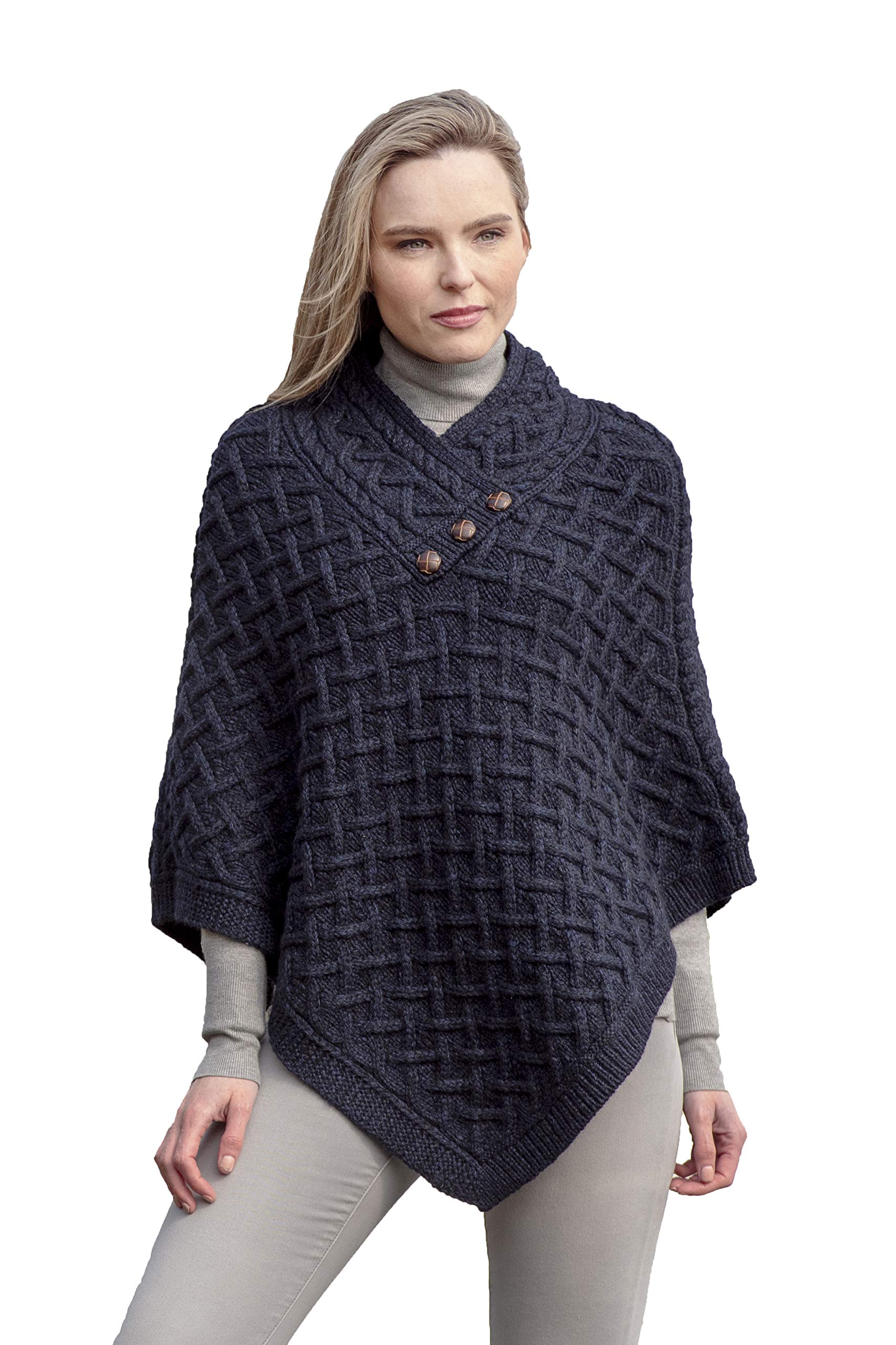 Aran Crafts Women's Cable Knit Button Poncho - 100% Super Soft Merino Wool Sweater Wrap - Cozy Winter Wear for Office, Travel & Casual Outings