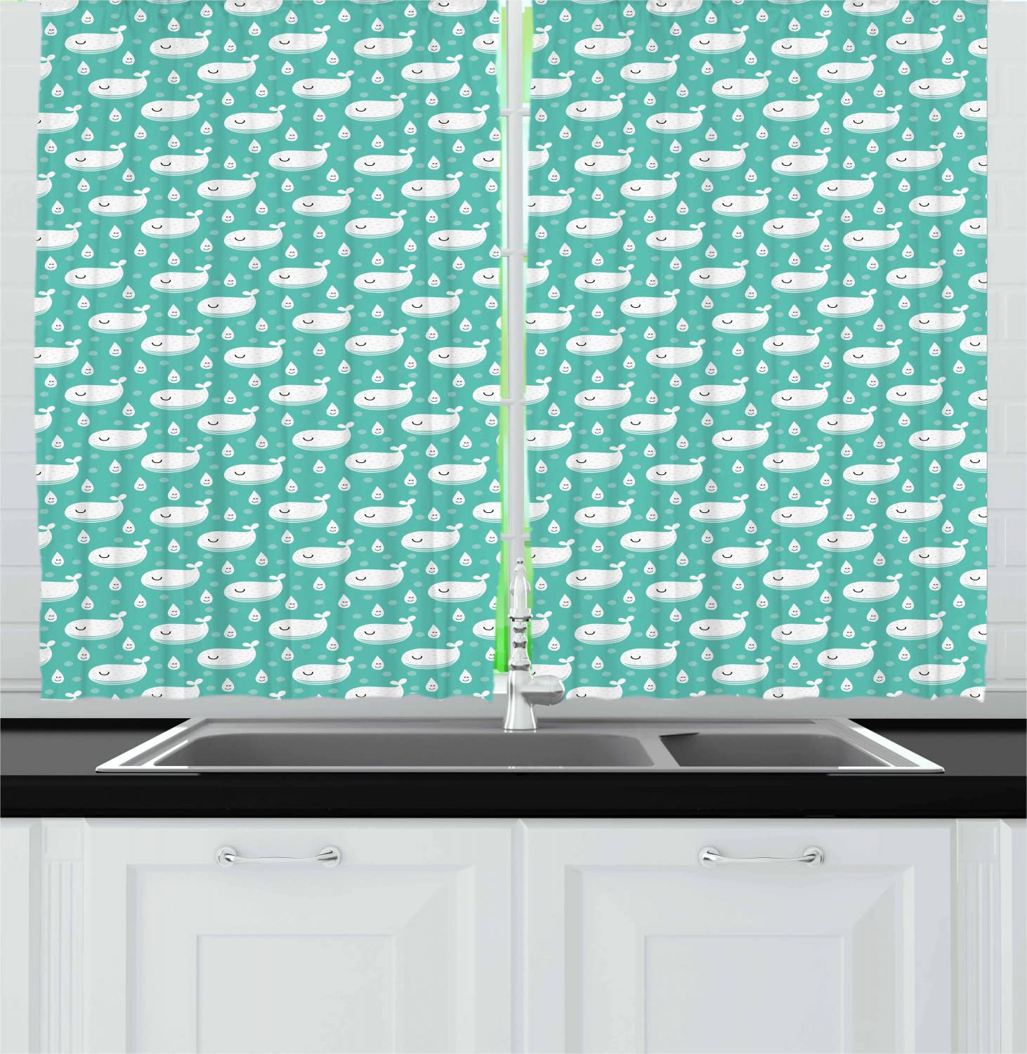 Whale & Fish Silhouette Marine Theme Kitchen Curtains - 2 Panel Set with Rod Pocket, 55