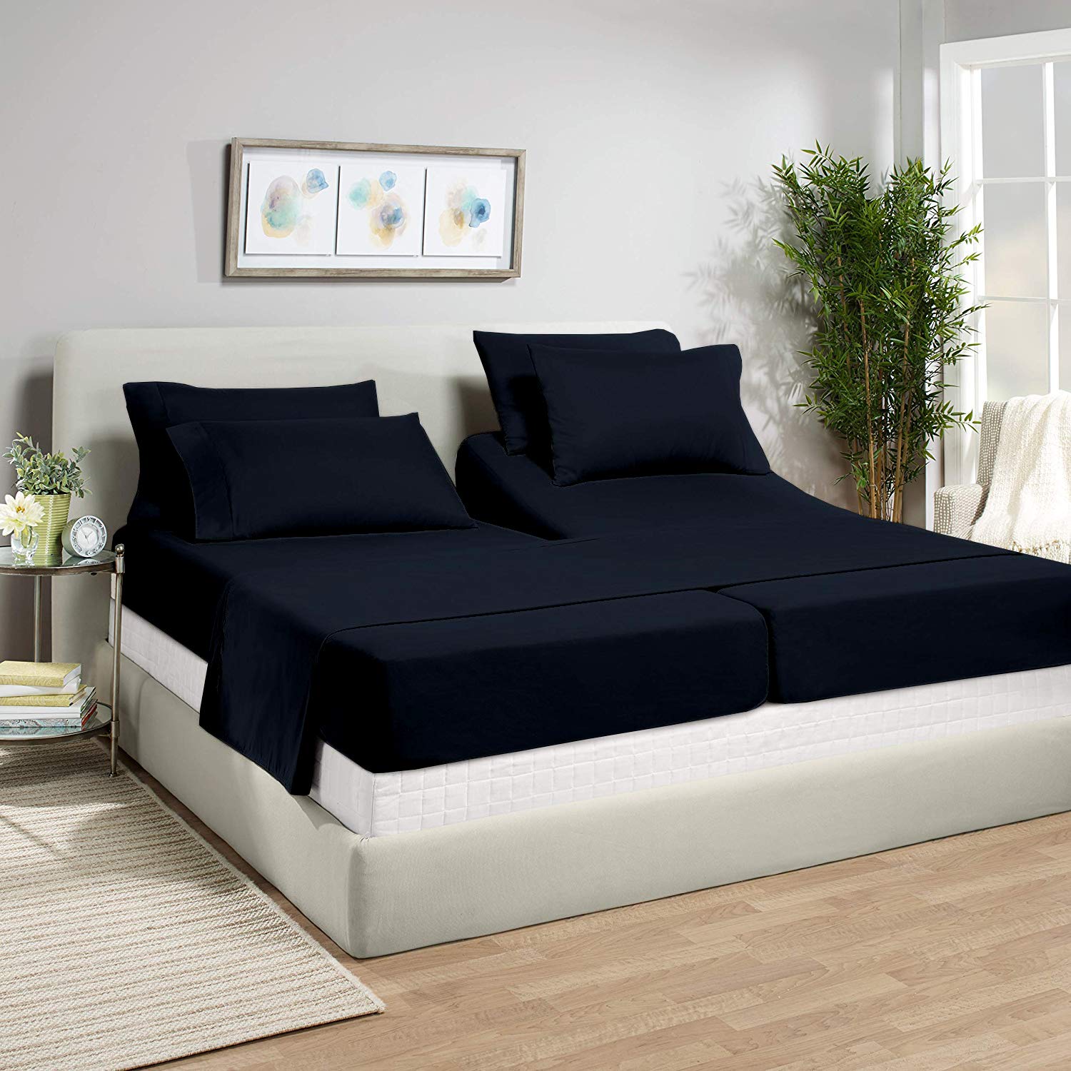 Split King Sheets for Adjustable Beds - Deep Pocket Fitted Sheet Set in Solid Navy Blue - Perfect for Adjustable Mattresses & Sleep Number Beds - Ultra Soft & Breathable Bedding for Comfortable Sleep