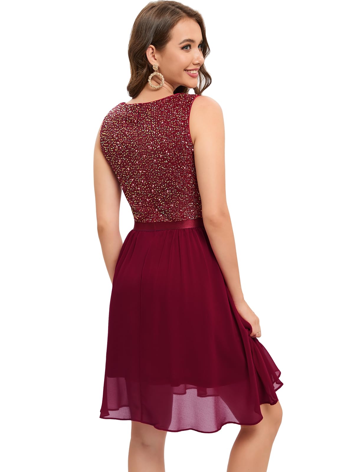 Bbonlinedress Sparkly Glitter Summer Wedding Guest Dress - Flowy Elegant Swing Semi Formal Cocktail Prom Party Dress in Burgundy - Perfect for Evening Events, Bridal Showers & Special Occasions
