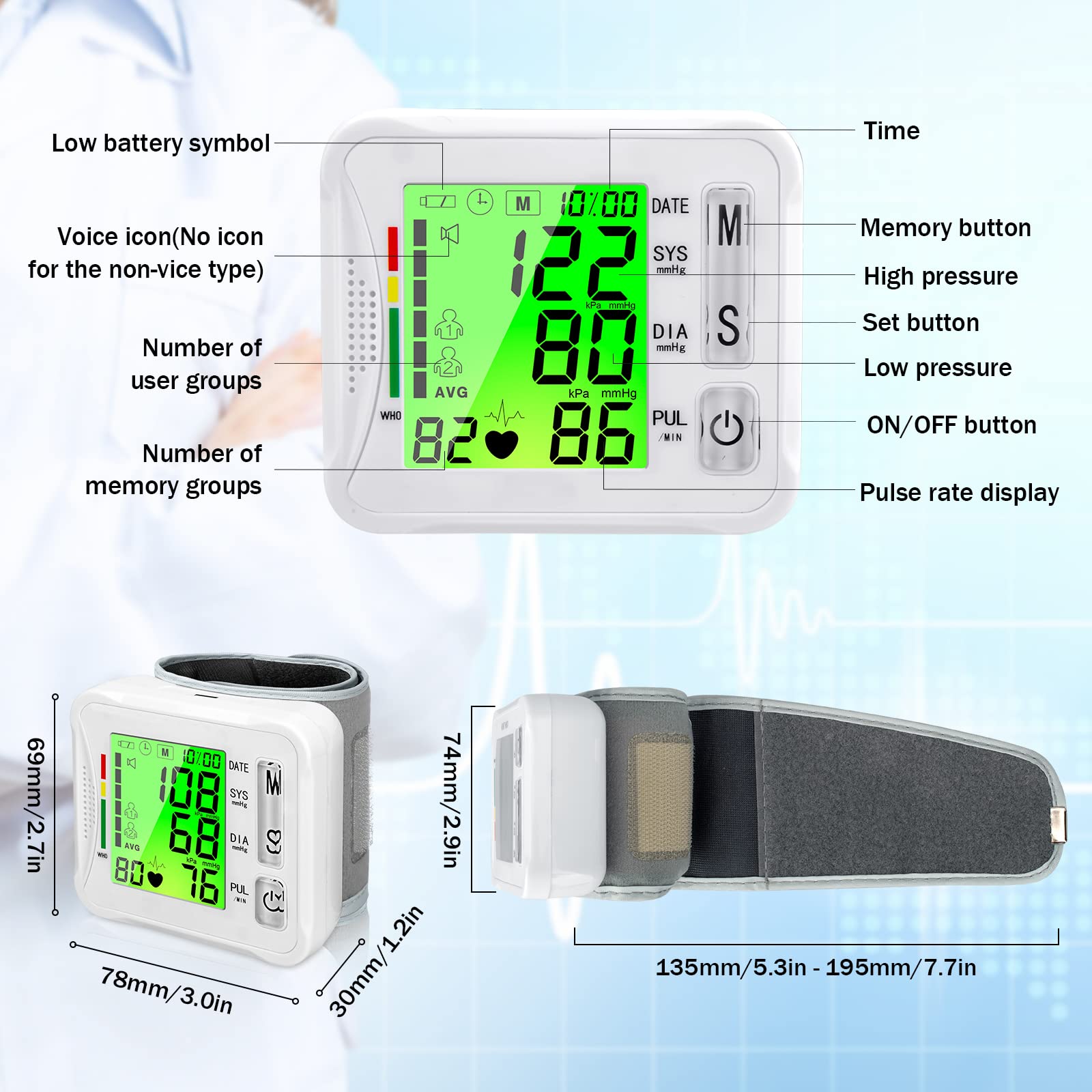 2024 Upgraded Wrist Blood Pressure Monitor - Digital BP Machine with Tri-Backlit LCD Display, Automatic Pulse Rate Monitoring, USB Rechargeable, 2x99 Memory Storage | Portable Blood Pressure Check for Home Use, Travel & Fitness Tracking