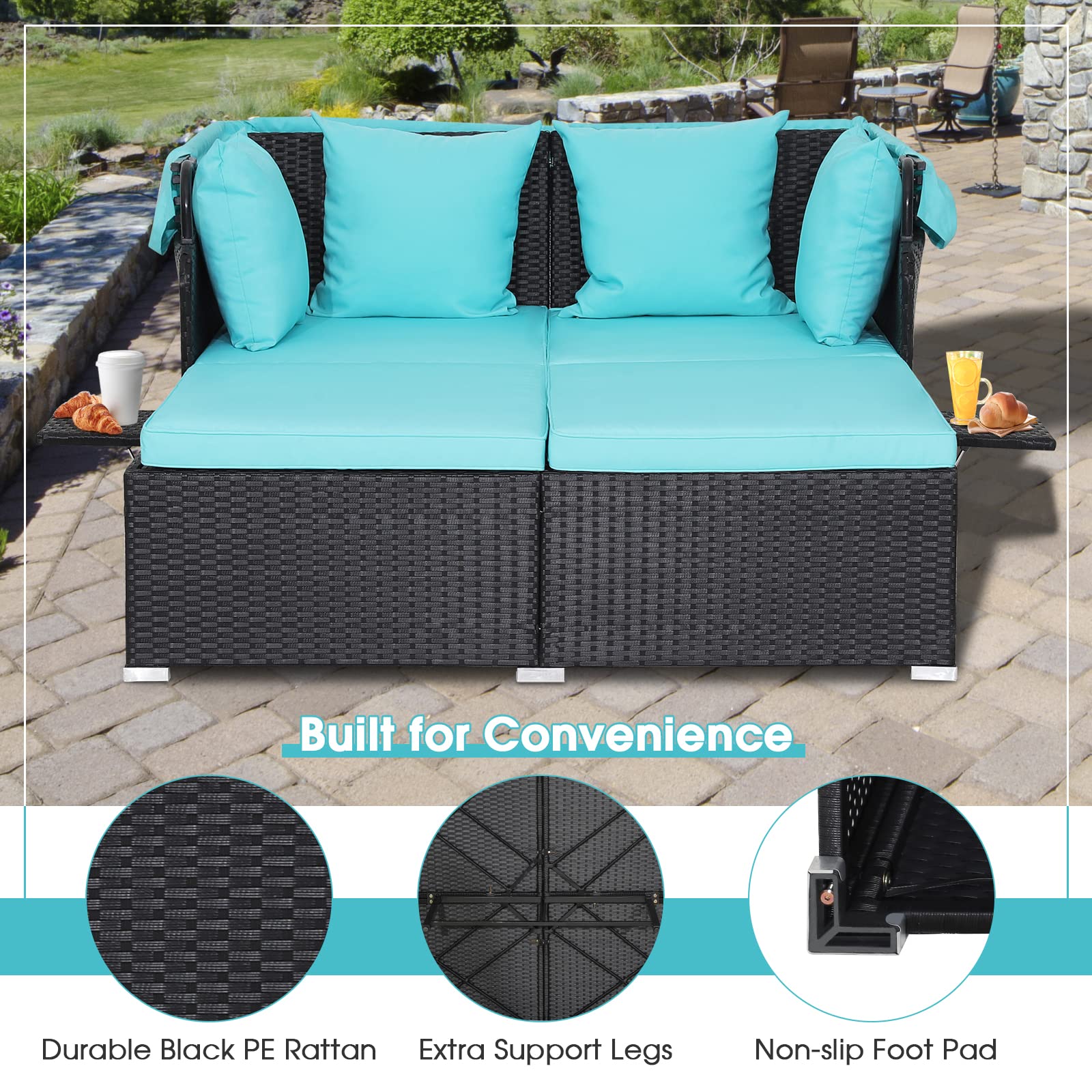 RELAX4LIFE Outdoor Patio Daybed with Canopy - Rattan Wicker Sunbed with Cushions, 4 Pillows & 2 Retractable Side Trays - 2-Person Lounge Bed for Poolside, Porch, Garden, Backyard - Perfect for Sunbathing and Relaxing (Turquoise)