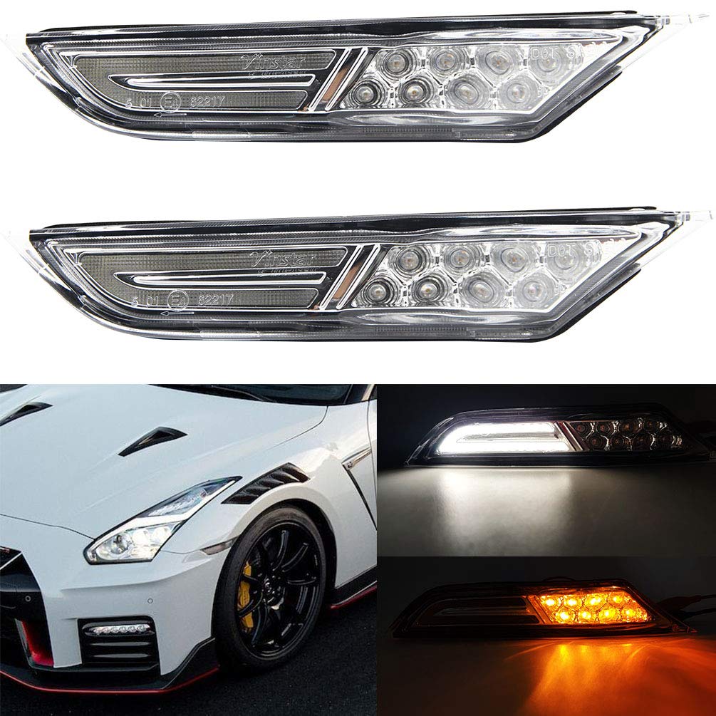 2007-2021 Nissan GT-R GTR R35 LED Front Side Marker Lamps - Clear Lens Amber LED Turn Signal Lights with White LED Lightbar DRL Running Lights - Direct OEM Replacement - Perfect for Night Driving & Car Customization