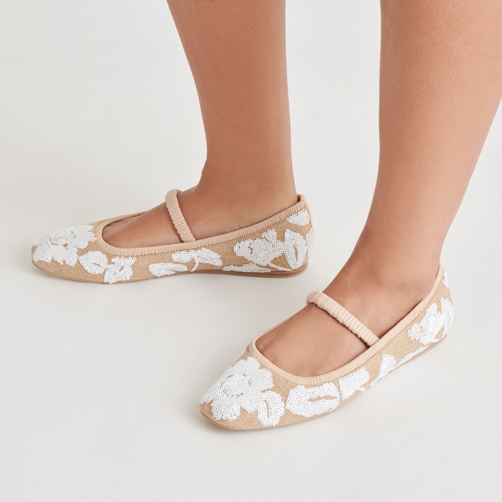 RHODIE Women's Ballet Flats - Natural Multi Floral Sequin Comfortable Slip-On Shoes for Casual Wear, Work & Special Occasions
