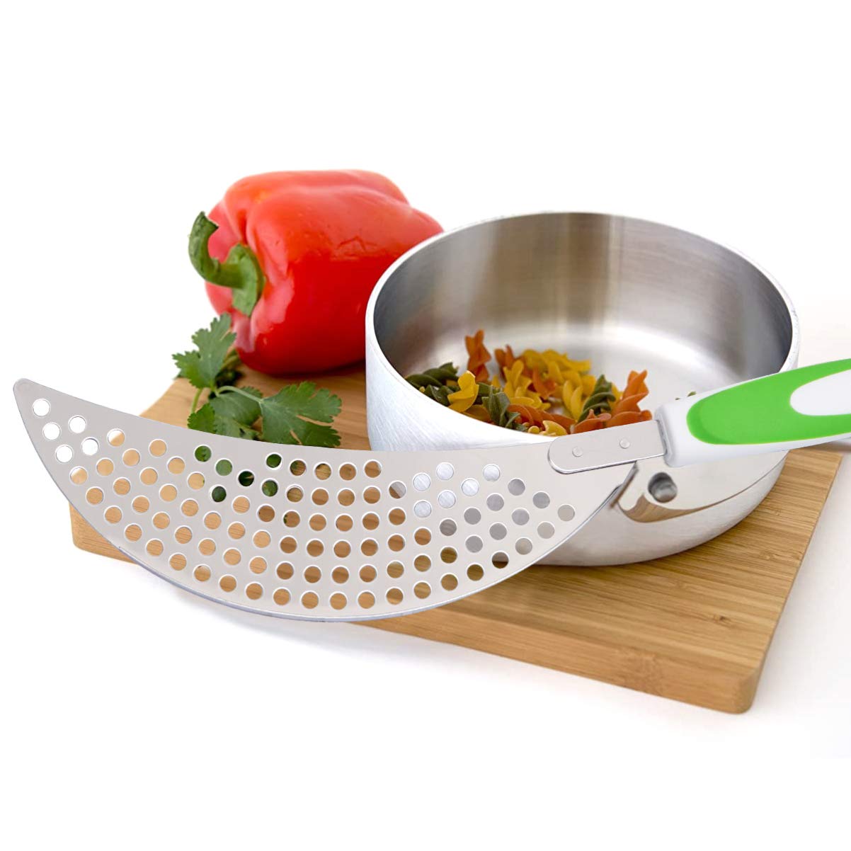Stainless Steel Vegetable & Pasta Strainer with Handle - Over Sink Draining Kitchen Tool for Cooking, Salad Prep & Dishwashing | Cabilock Green Pot Strainer