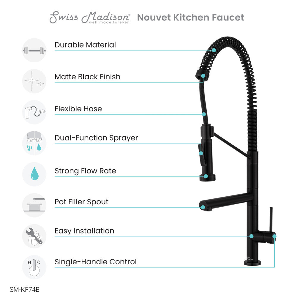 Matte Black Single Handle Pull Down Kitchen Faucet with Pot Filler - Modern Water-Saving Design for Cooking and Dishwashing