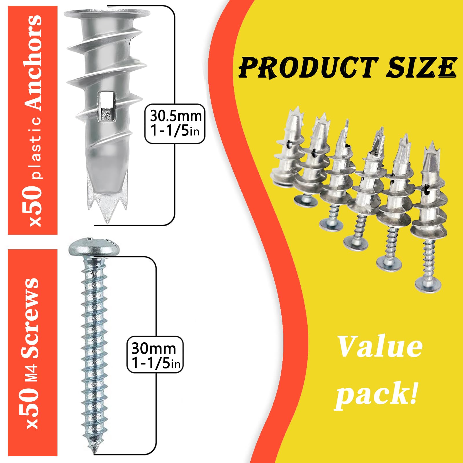 100PCS Zinc Self-Drilling Drywall Anchors Kit - 50 Heavy Duty Hollow Metal Wall Anchors with 50#6 x 1-1/4'' Screws - Perfect for Hanging Pictures, Shelves, and Home Decor on Sheetrock Walls