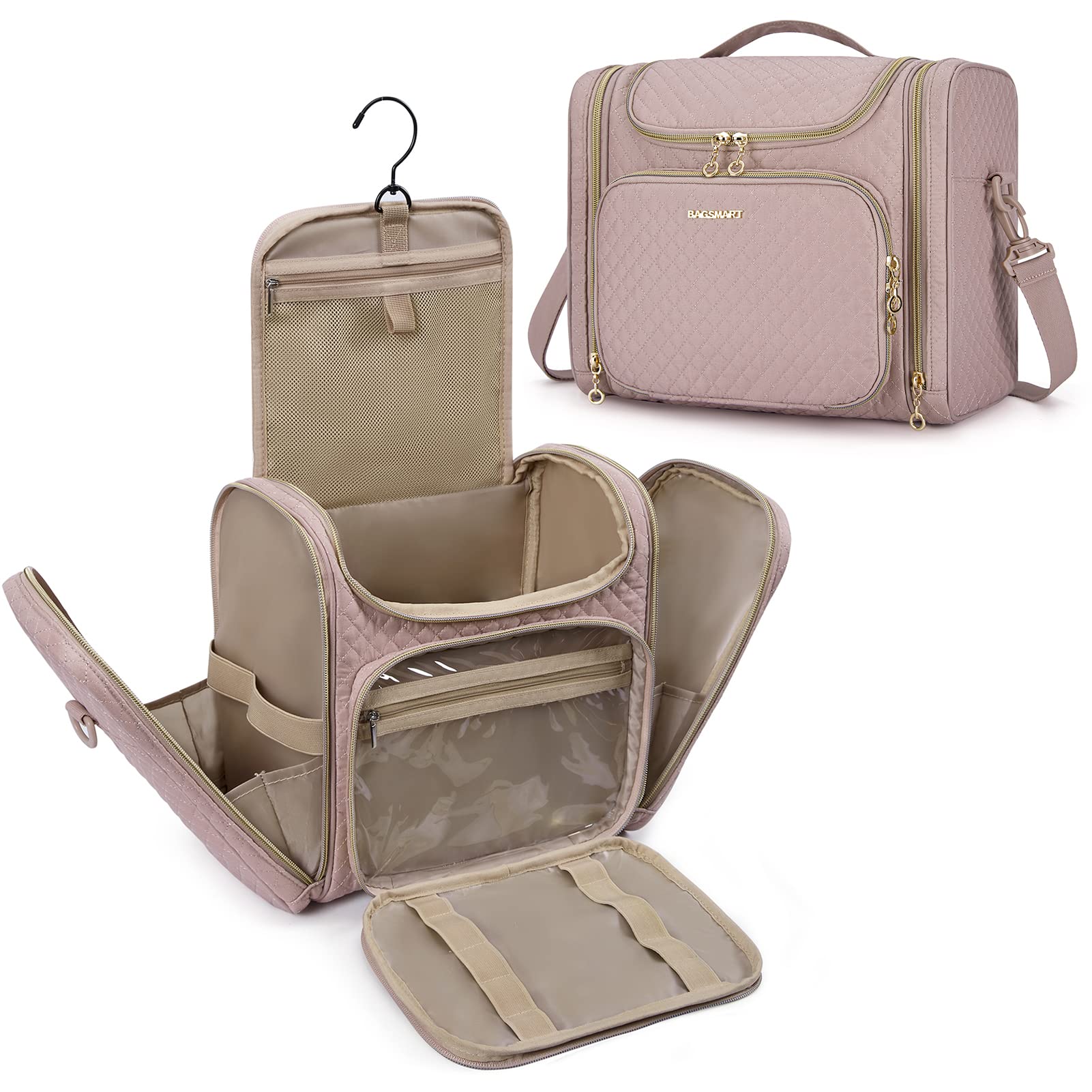 BAGSMART Large Hanging Travel Toiletry Bag for Women - Waterproof Cosmetic Makeup Organizer with Multiple Pockets for Full-Sized Toiletries, Pink - Perfect for Vacation, Business Trips & Gym Essentials