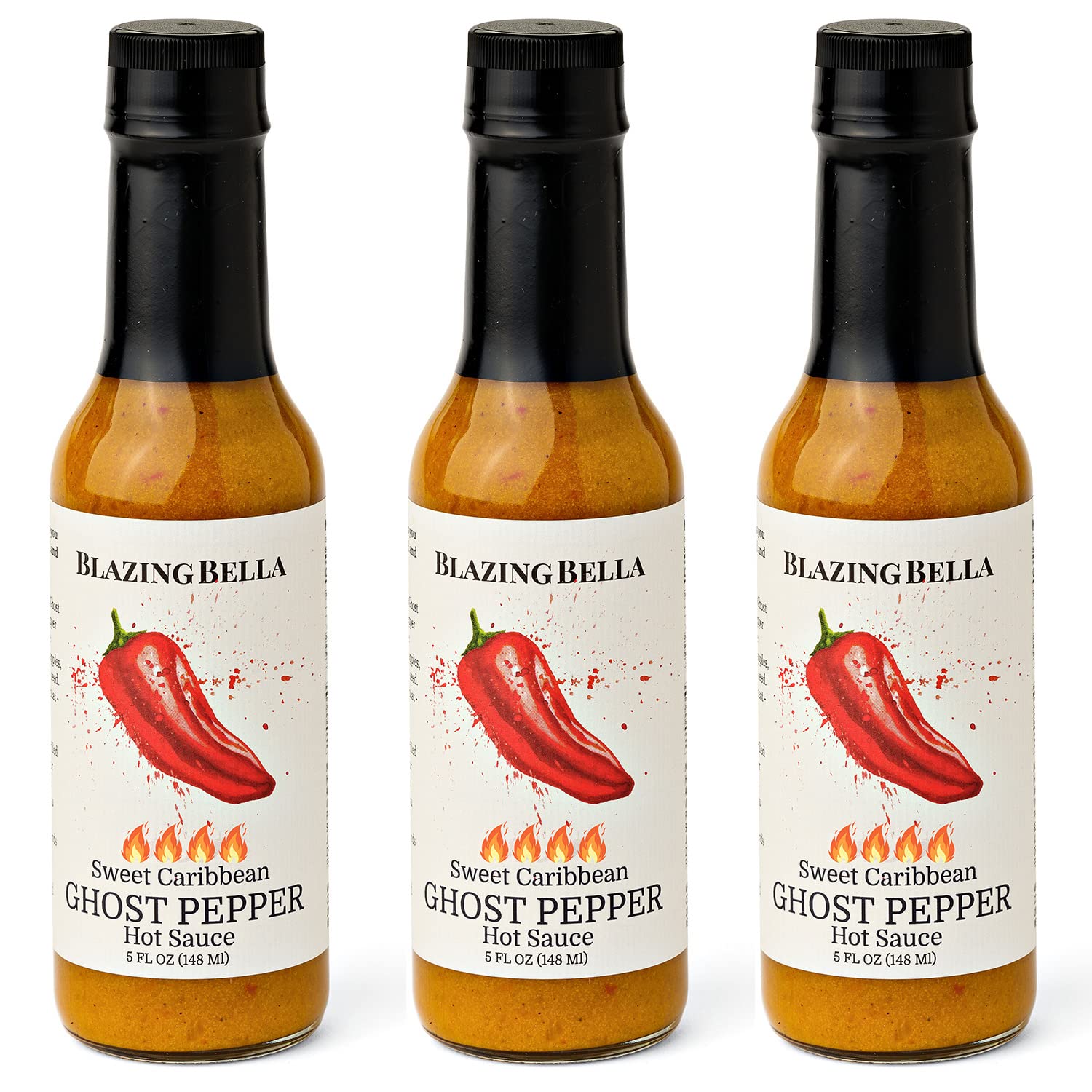 Blazing Bella Hot Sauce - Sweet Caribbean Ghost Pepper Flavor, 5 Fl Oz (Pack of 3) - Perfect for Tacos, Wings & Spicy Food Lovers