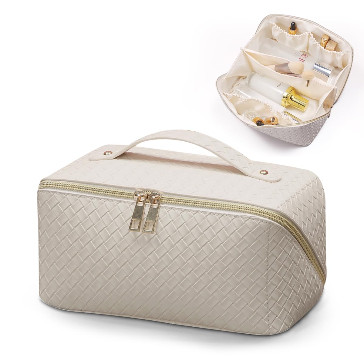 PEARLOVE Large Waterproof Makeup Bag for Travel, Women's PU Leather Cosmetic Organizer - White, Perfect for Skincare & Toiletries Storage