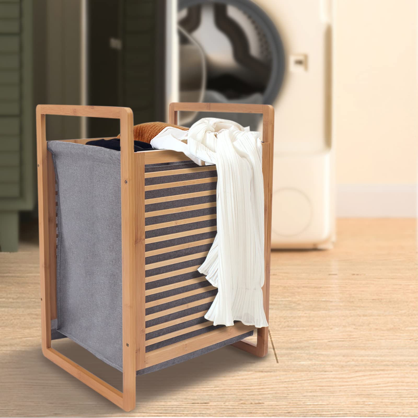 Portable Bamboo Laundry Hamper with Lid & Handles - Freestanding Clothes Organizer for Bedroom, Bathroom & Laundry Room - Foldable Dirty Clothes Storage Basket with 1 Section & Floor Stand - Ideal for Home, Dorm & Apartment Organization