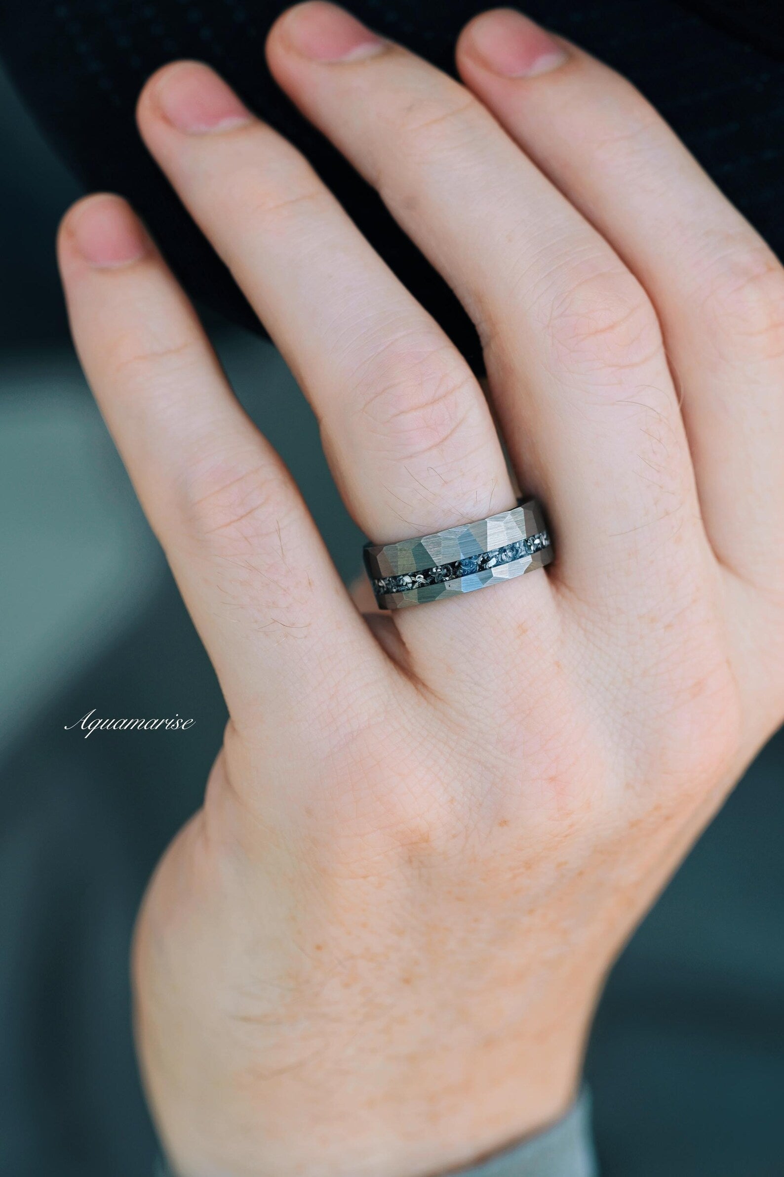 Skye Kite™ Galaxy Salt & Pepper Couples Ring Set with Herkimer Diamond & Meteorite - Unique Matching Wedding Bands for Couples, Anniversary Gifts, Romantic Jewelry for Him & Her