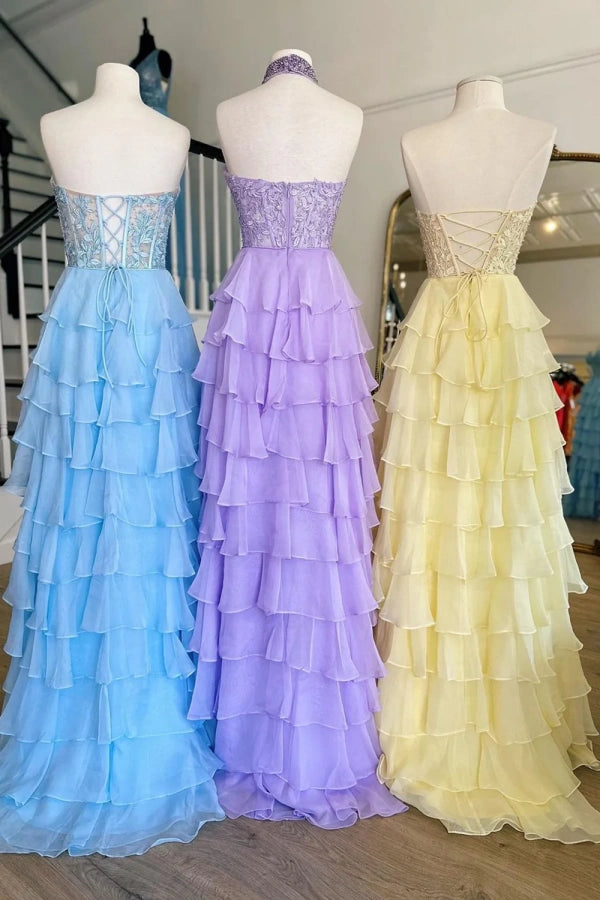 Elegant A-Line Halter Neck Floral Tiered Long Prom Dress in Hot Pink - TP1330 | Perfect for Homecoming, Prom Night, and Formal Events