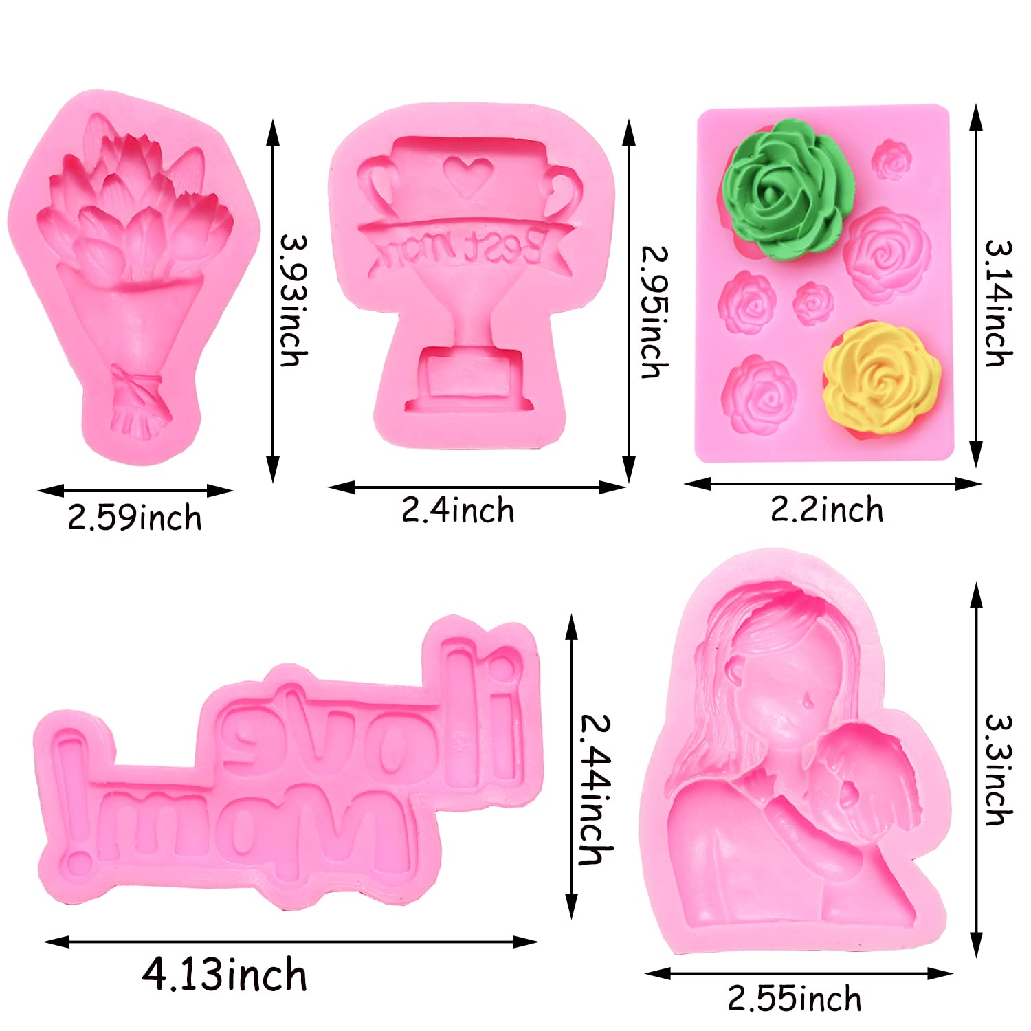 5Pcs Mother's Day Fondant Molds Set - Best Mom Baking Silicone Molds for Cupcakes, Chocolate, Candy Making (I Love Mom, Rose Tulip, Mother & Child Designs) - Perfect DIY Gift for Mothers Day, Birthday, Party Dessert Decorations
