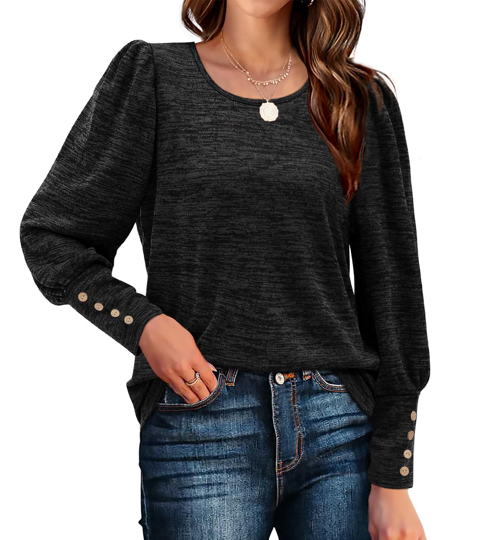 Bofell Women's Puff Sleeve Button Down Blouse - Long Sleeve Tunic Top for Fall & Winter - Casual Office Wear & Autumn Layering Outfits