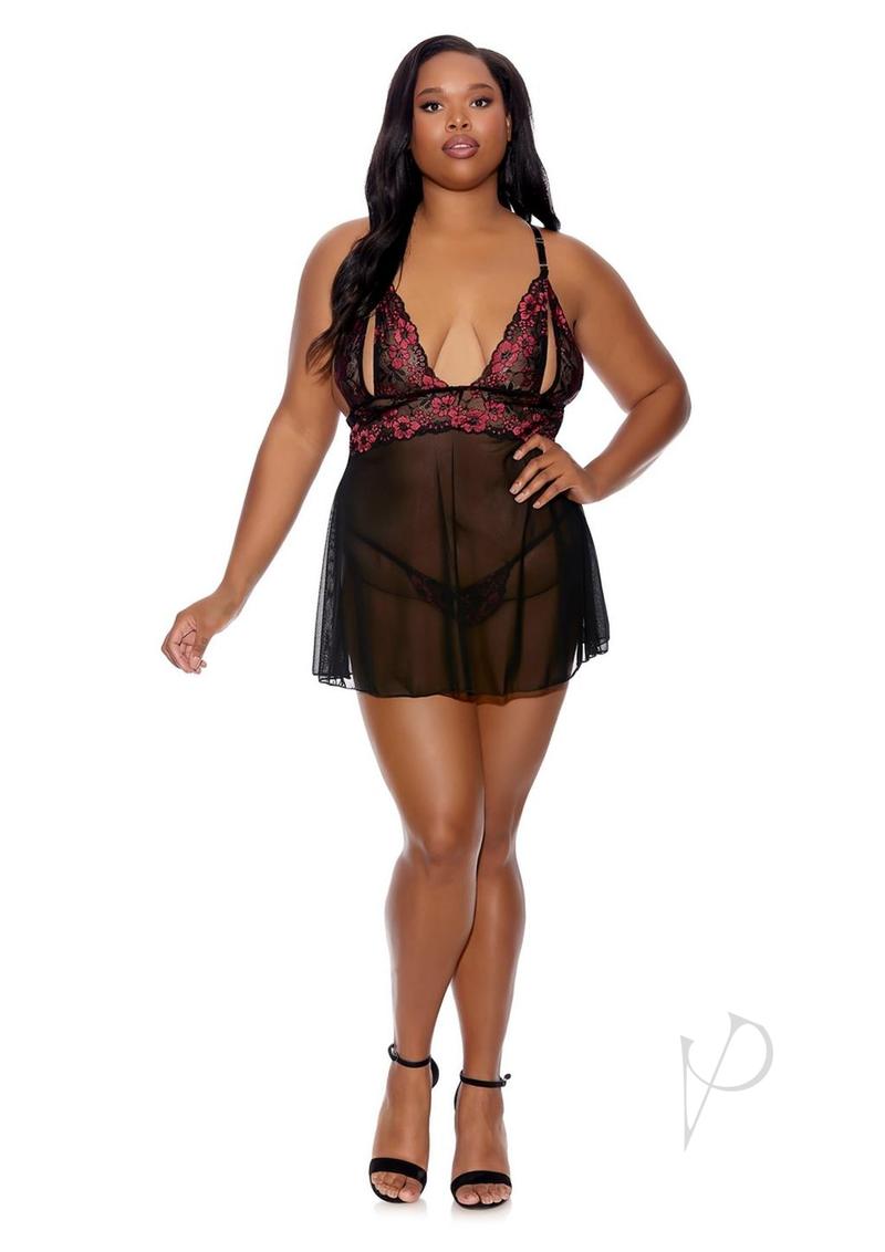 Plus Size Barely Bare Split Cup Babydoll & G-String Panty Set - Black Lingerie for Women | Perfect for Valentine's Day & Romantic Nights