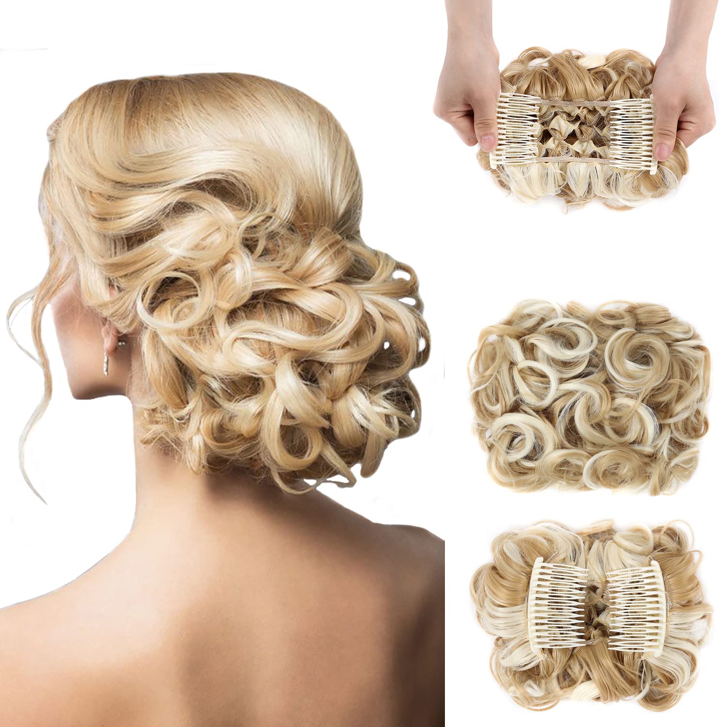 Elaine Combs Messy Bun Hairpiece - Clip in Ponytail Extension for Women with Curly Thick Chignon & Scrunchies (Ash Blonde & Bleach Blonde Highlights #58) - Perfect for Weddings, Parties and Everyday Hairstyles