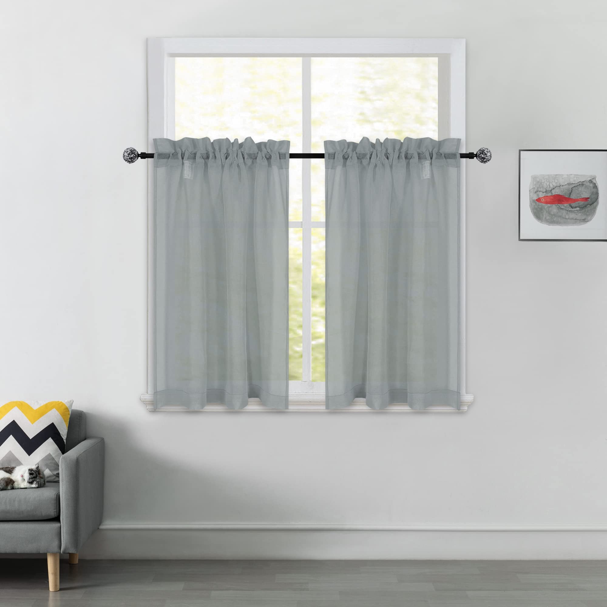 Grey Sheer Kitchen Curtains 36 Inch Length - Rod Pocket Tier Cafe Curtains, Linen Look Semi-Sheer Drapes for Privacy - Perfect for Basement, Bathroom & Small Windows (34x36 Inches) | Ideal for Kitchen Decor, Half Window Covering & Home Aesthetic