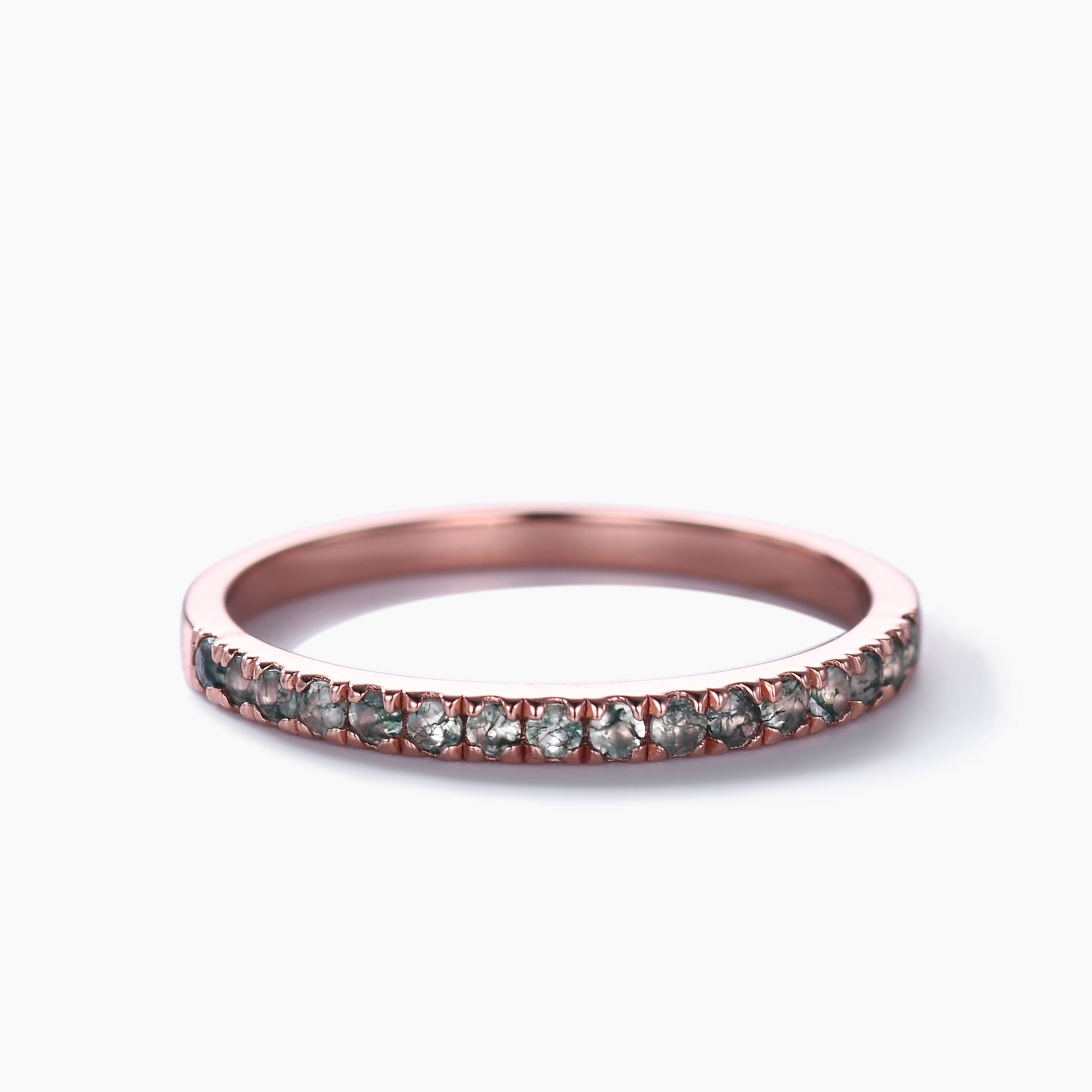 Green Moss Agate Wedding Band Ring - 2mm Rose Gold Half Eternity Petite Stackable Ring for Women | Perfect for Engagement, Anniversary Gift & Everyday Wear