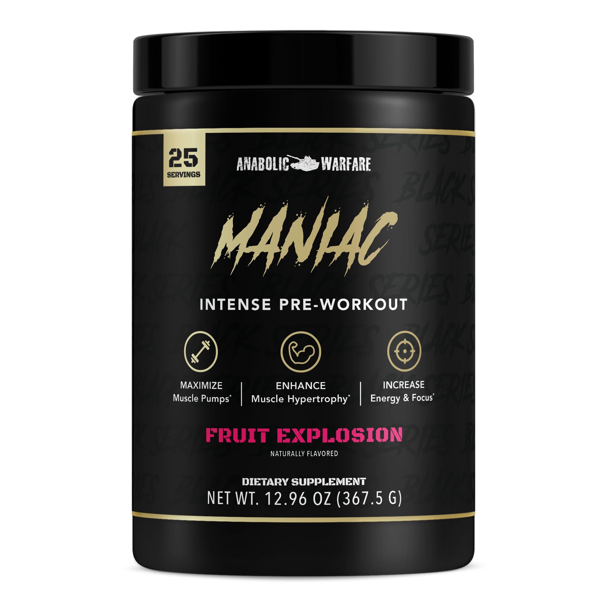 Anabolic Warfare Black Series Maniac Pre-Workout Powder - Nitric Oxide Booster for Muscle Pumps & Protein Synthesis - Fruit Explosion Flavor - Ideal for Gym, Bodybuilding & Intense Workouts