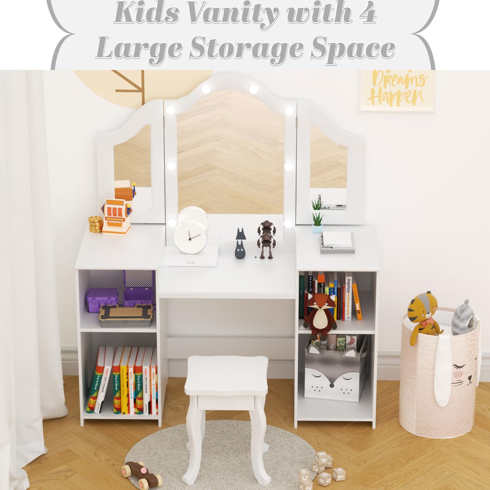 XJD Kids Vanity Set with Mirror, Stool & LED Lights - 2-in-1 Wooden Princess Makeup Desk & Storage Cabinet for Girls (White) - Perfect for Bedroom Decor, Birthday Gifts & Pretend Play