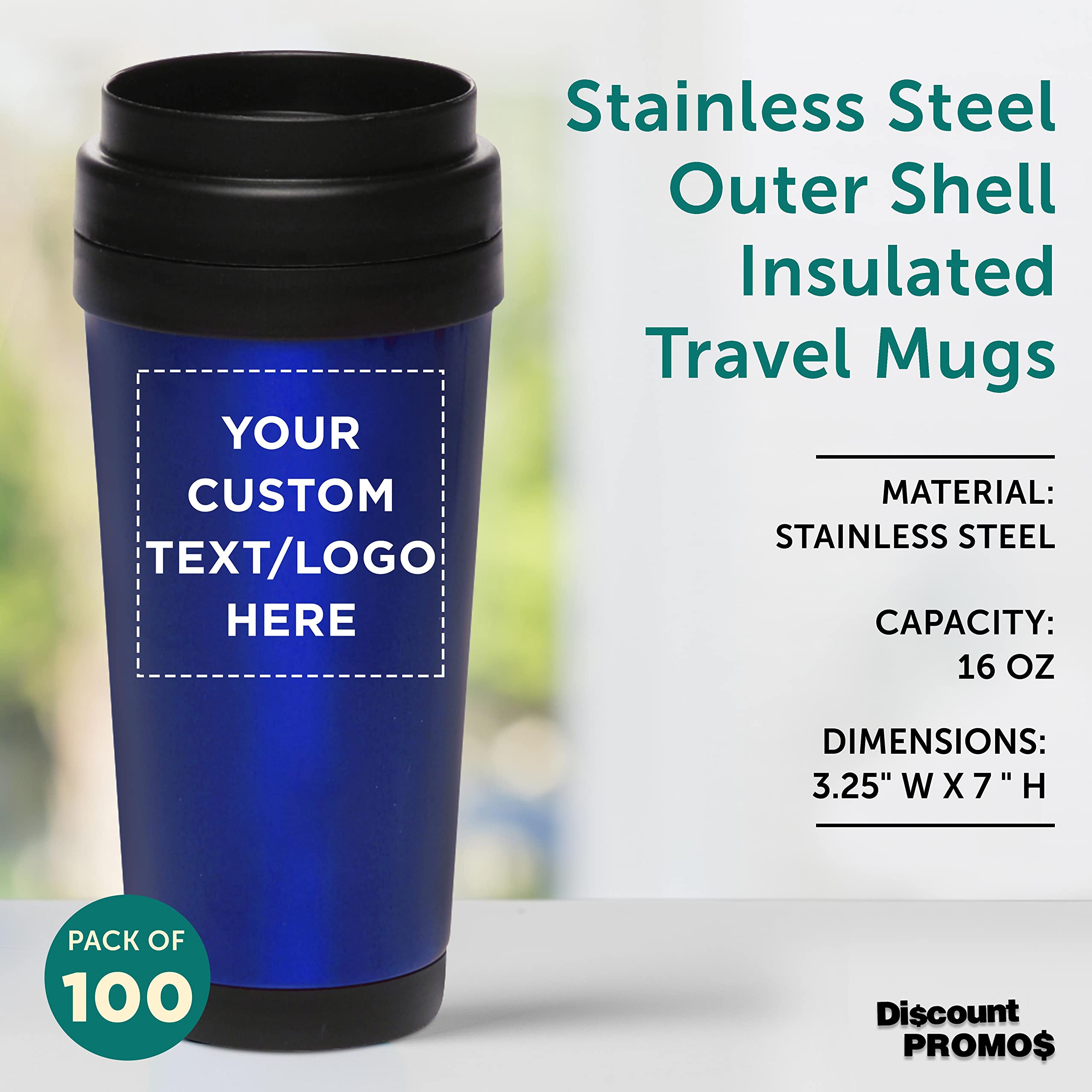 Custom Insulated Stainless Steel Travel Mugs 16 oz (100-Pack) - Personalized Bulk Coffee Cups for Hot & Cold Beverages - Ideal for Office, Events, Promotions & Daily Use - Blue