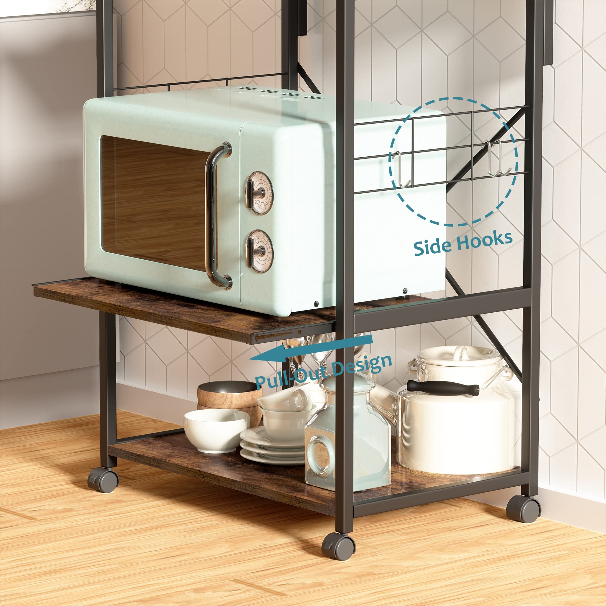 Bestier Kitchen Bakers Rack with Microwave Stand - 3-Tier Rolling Utility Cart with 10 Hooks & Adjustable Feet - Space-Saving Storage Shelf for Small Kitchens, Pantry Organization & Baking Supplies Storage