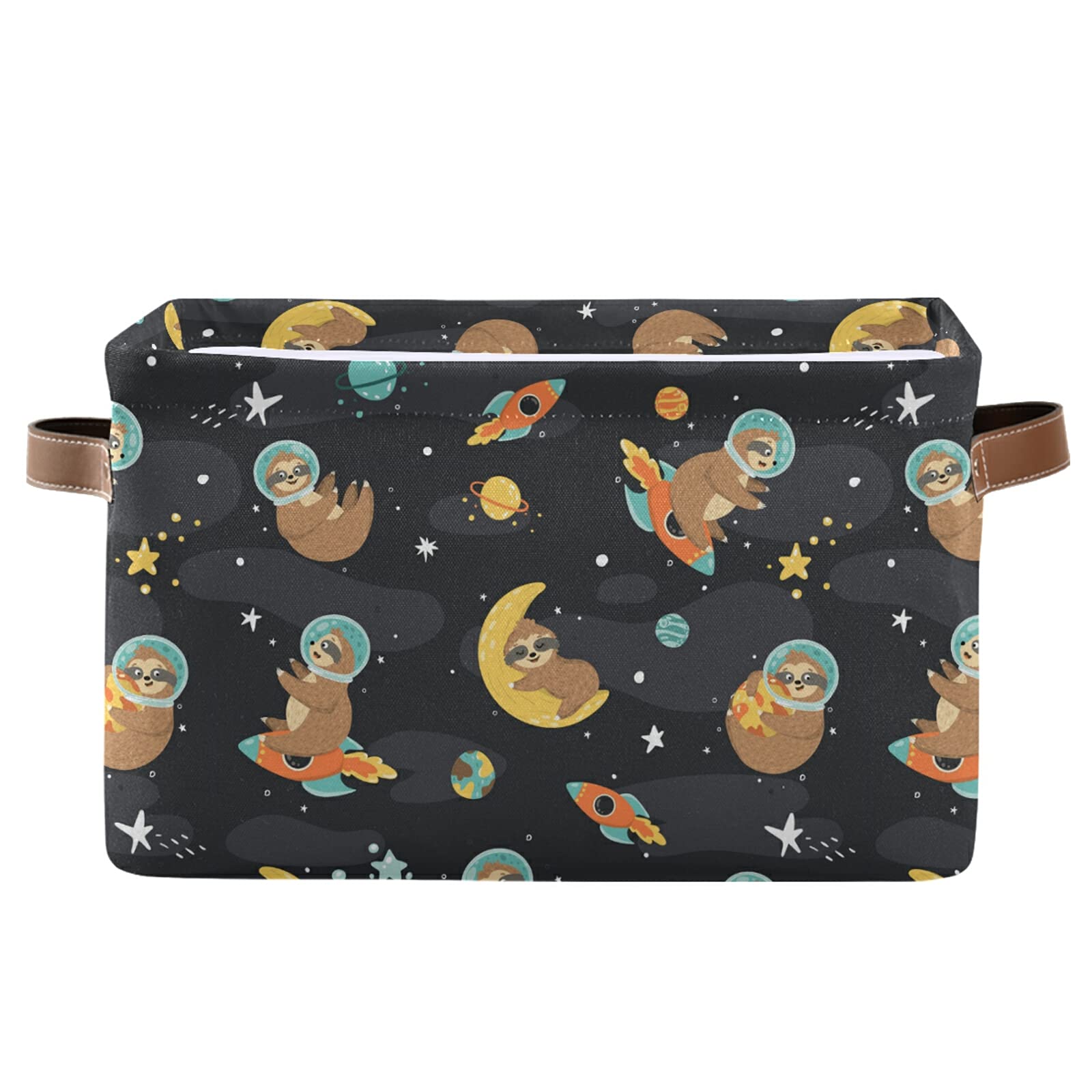 Cute Space Sloths Rectangular Storage Bin with Handles - Canvas Square Basket for Home Organization, Office Supplies, Kids Toys, Nursery & Laundry Room - Perfect for Books, Clothes & Toy Storage