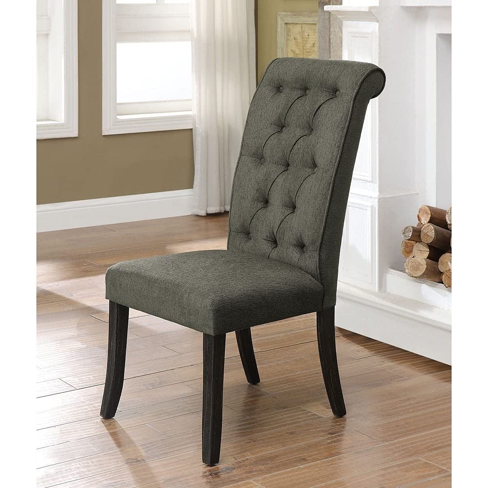 Furniture of America Sheila Button Tufted Flax Dining Chairs (Set of 2) - Grey Upholstered Side Chairs for Kitchen, Dining Room & Breakfast Nook - Modern Comfortable Seating for Home Decor