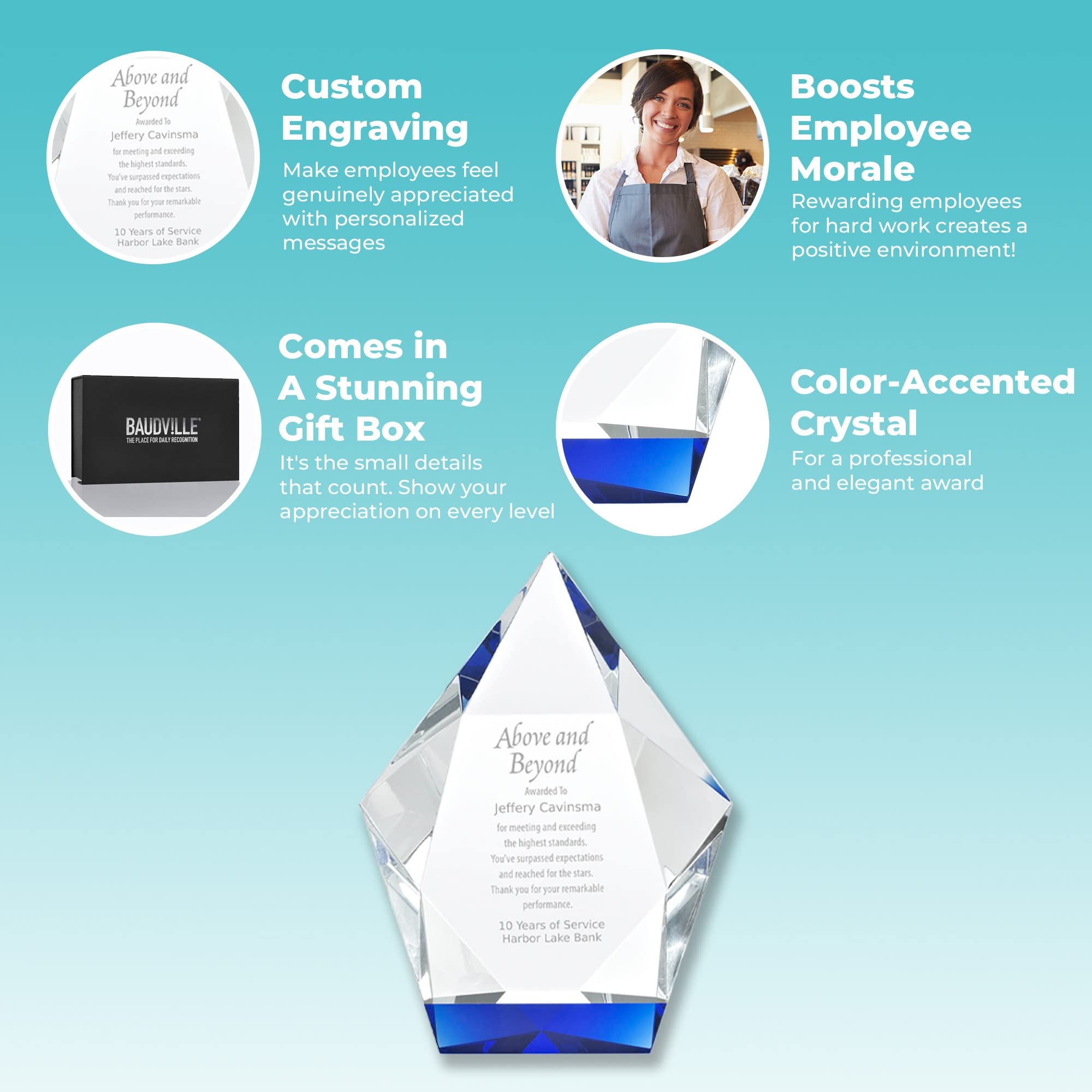 Baudville Engraved Crystal Trophy with Blue Base - Custom Employee Award - Personalized Engraving - Gift Box Included - Perfect for Corporate Recognition, Milestone Celebrations & Retirement Gifts