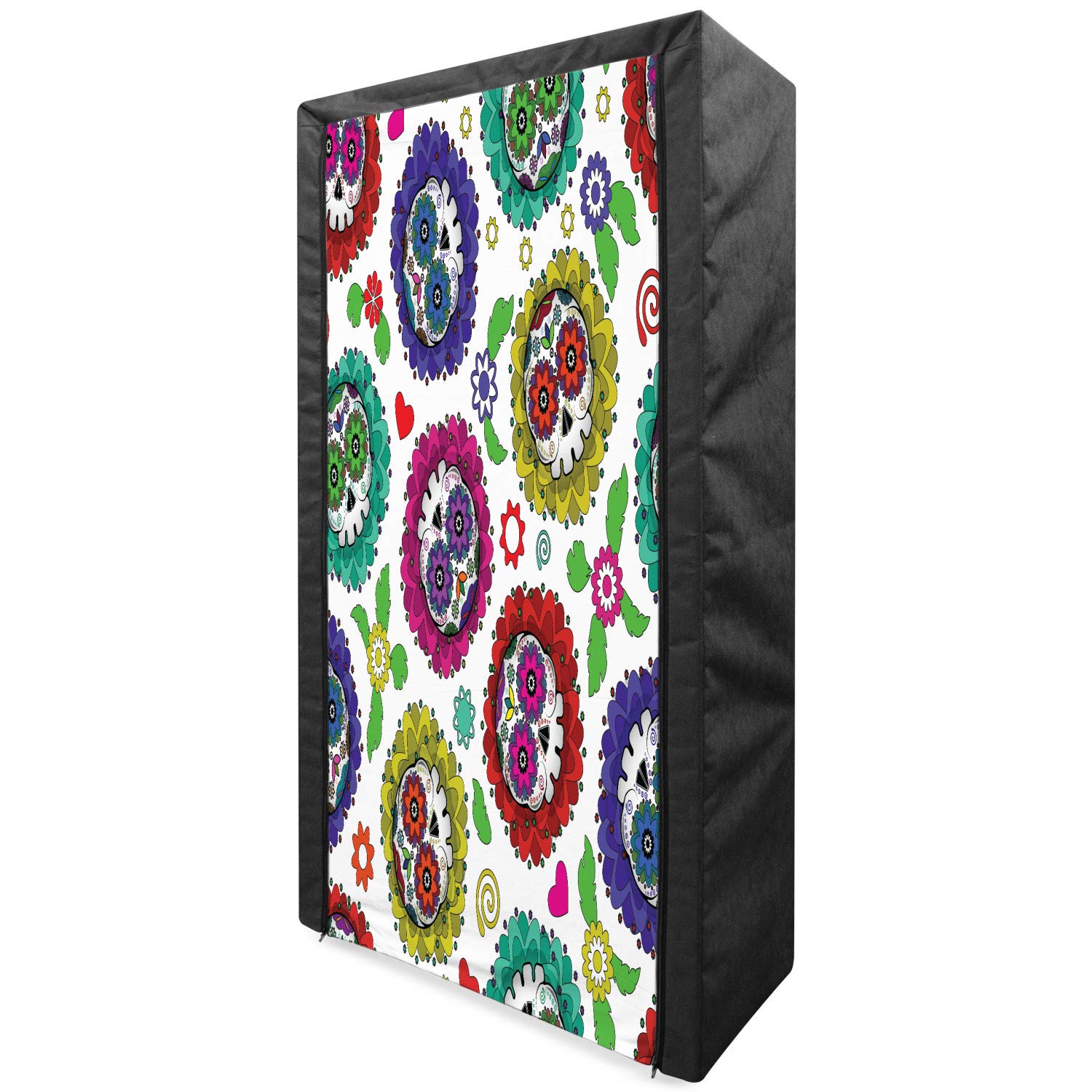 Lunarable Day of The Dead Portable Fabric Wardrobe - Colorful Skull & Floral Design Clothing Organizer with Shelves, 33.5 Inch Multicolor Storage Closet | Perfect for Halloween Decor, Día de Muertos Festival & Small Space Organization
