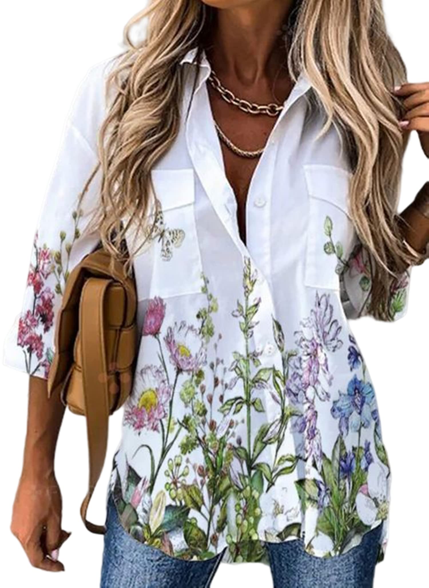 Women's Floral Butterfly Print Button Down Blouse - Midi Sleeve Lapel Shirt for Work & Casual Wear | Office Outfits, Date Night & Spring Fashion