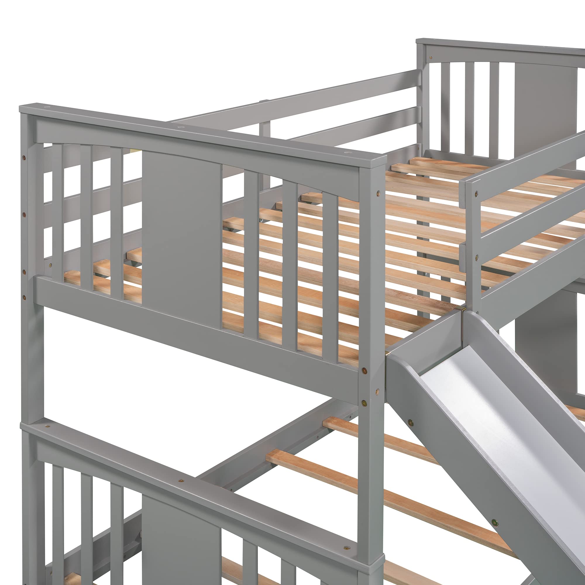 Montessori Twin Over Twin Bunk Bed with Slide & Ladder - Low Profile Kids Bunk Bed with Safety Guardrail, Headboard & Footboard - Gray Bunk Bed for Boys & Girls - Perfect for Small Bedrooms, Playrooms & Montessori Learning Spaces