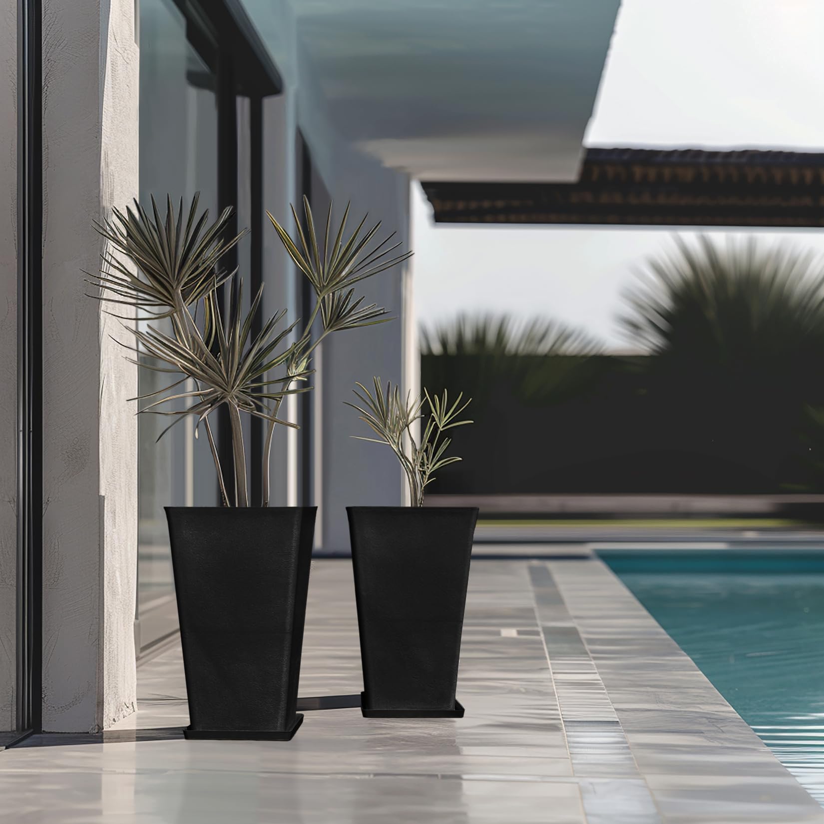 LA Jolie Muse 20 Inch Tall Black Rectangular Outdoor Planters - Set of 2 Modern Tapered Garden Pots with Shelf Insert for Plants | Perfect for Front Door Decor, Patio, Balcony & Large Garden Flower Arrangements