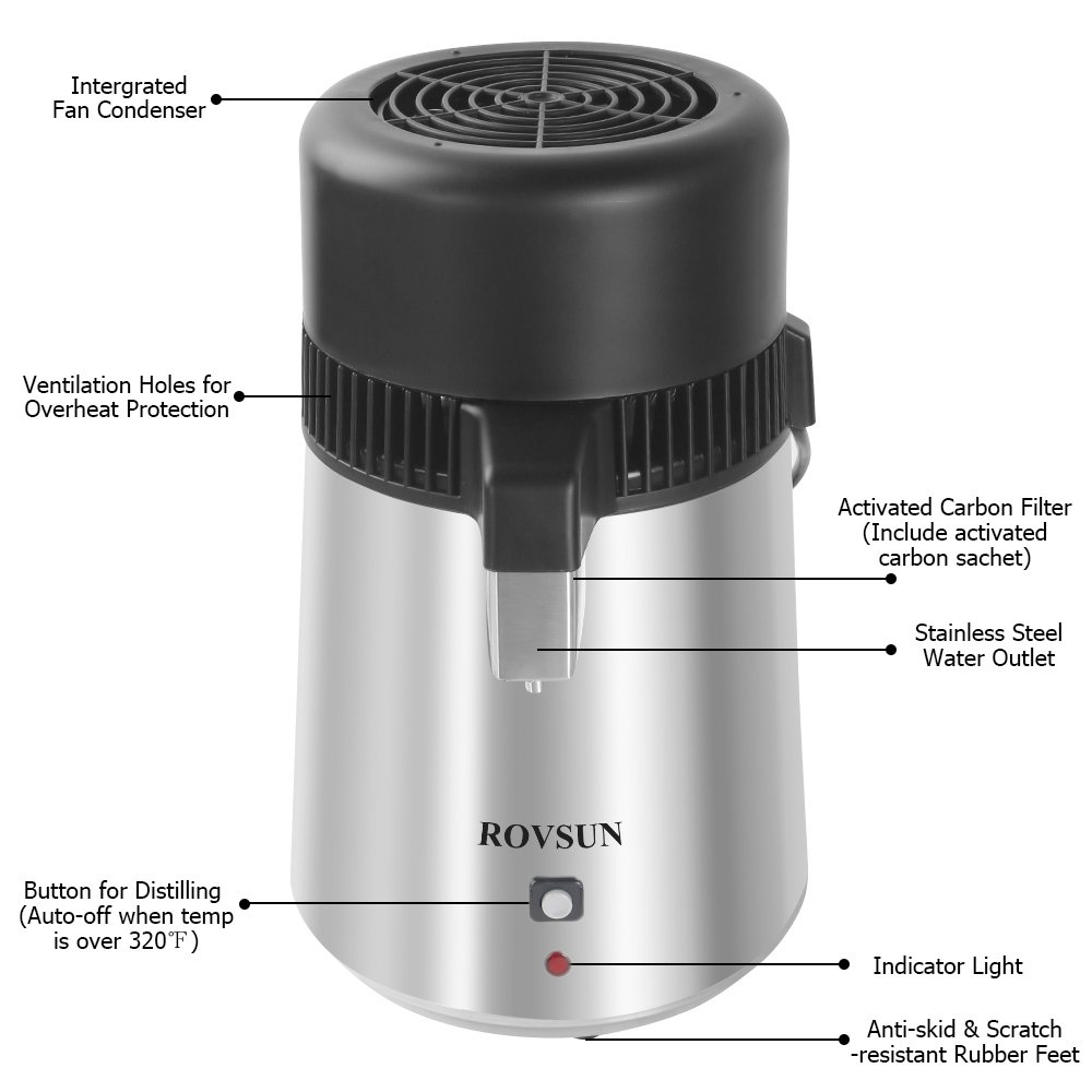 ROVSUN Upgraded 4L/1.1 Gallon Countertop Water Distiller - 750W Stainless Steel Home Distilled Water Maker with Glass Container (1L/H, Silver) | Perfect for Purifying Drinking Water, Baby Formula, Coffee & Humidifiers