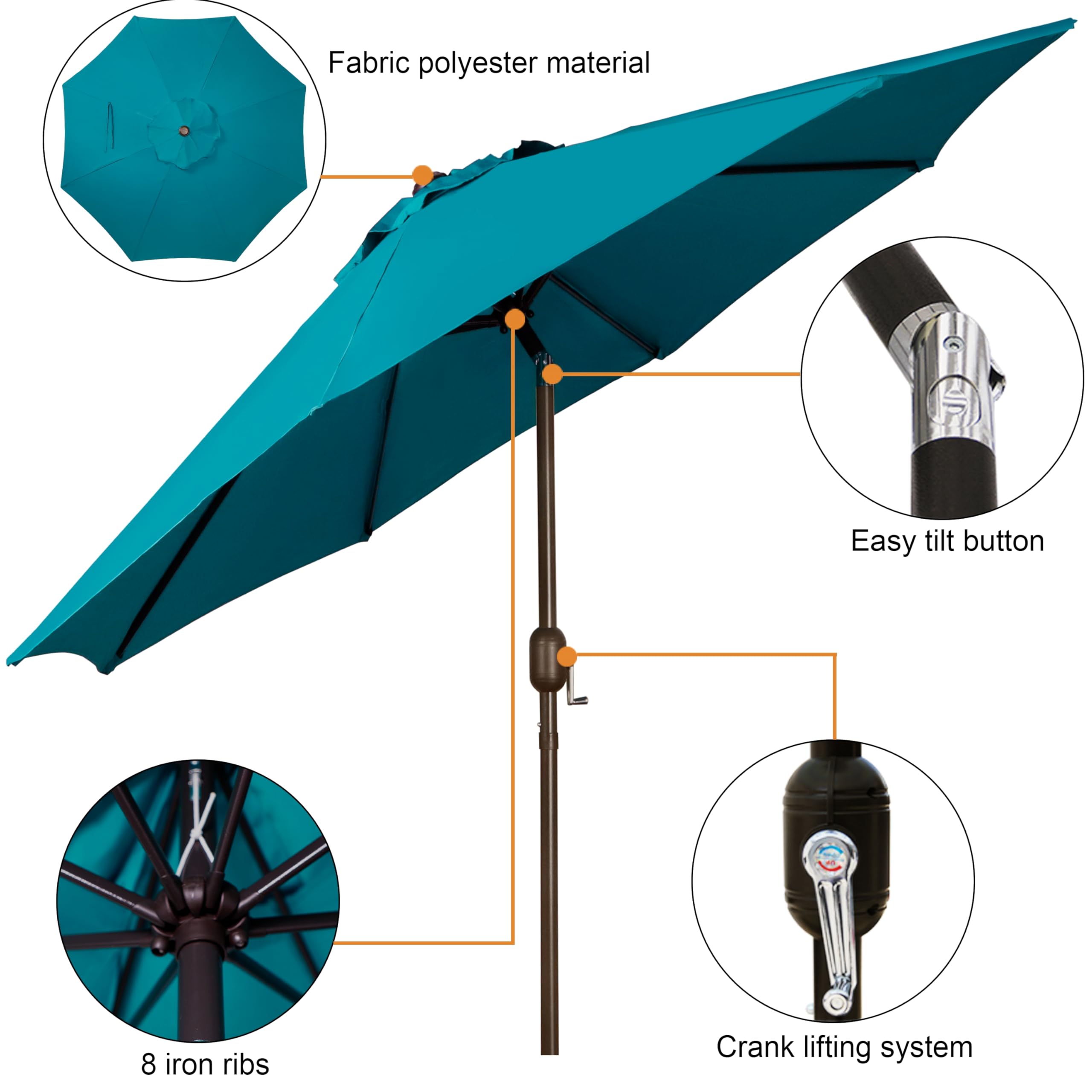 Blissun 9-Foot Outdoor Patio Umbrella - Heavy Duty Market Umbrella with 8 Reinforced Ribs, Push Button Tilt & Easy Crank Lift - Perfect for Backyard, Garden, Poolside, and Outdoor Dining Areas