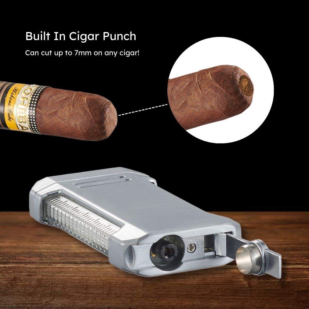 Visol Vinson Refillable Butane Torch Lighter with Flat Flame & Built-in Cigar Punch - Silver | Perfect for Cigars, Candles, Camping & Outdoor Use