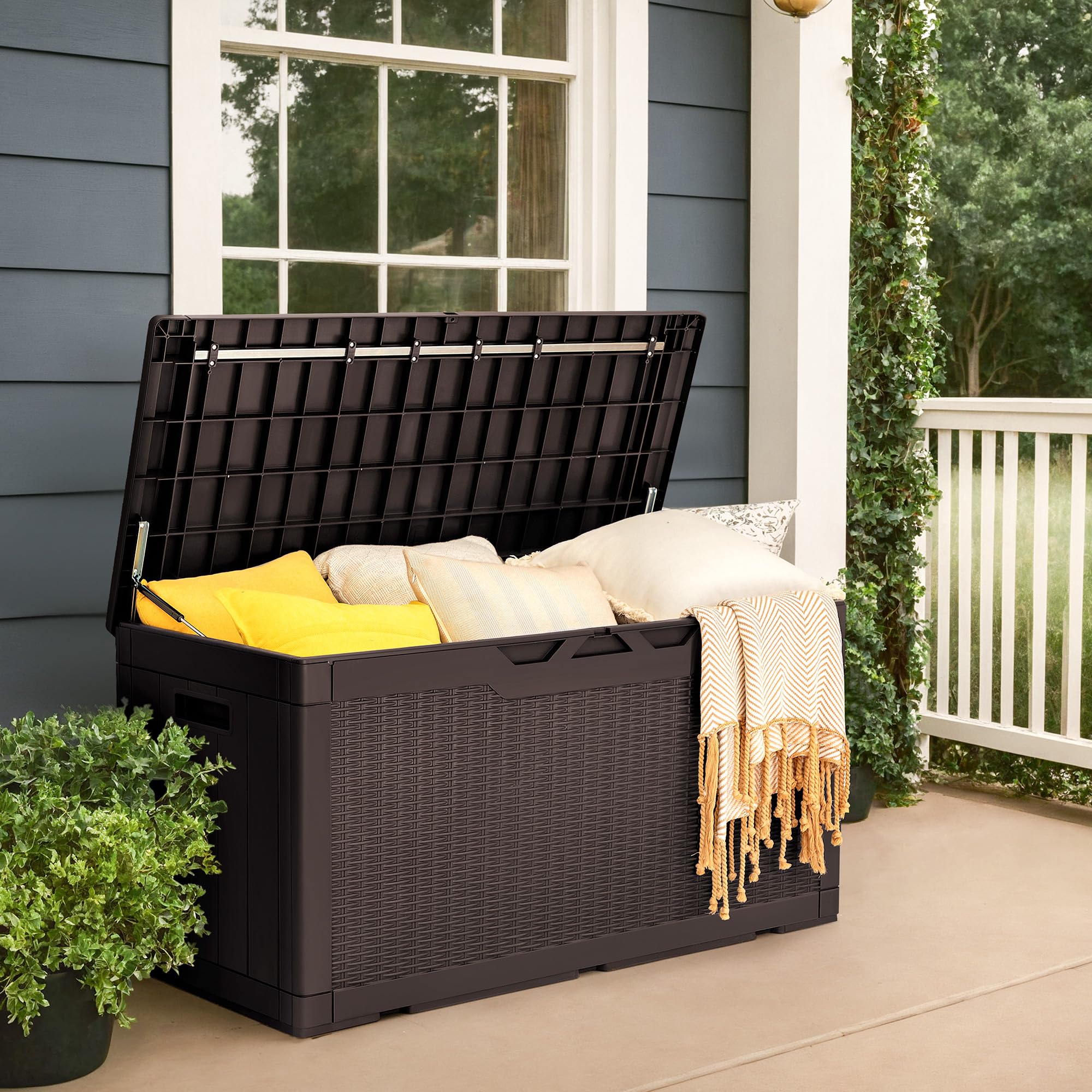 GUNJI 100 Gallon Resin Deck Box with Cushion - Outdoor Weatherproof Large Storage Container for Patio Furniture, Garden Tools, Pool Toys & Backyard Accessories - Lockable Design for Secure Storage (Brown) - Perfect for Poolside, Patio & Garden Organization