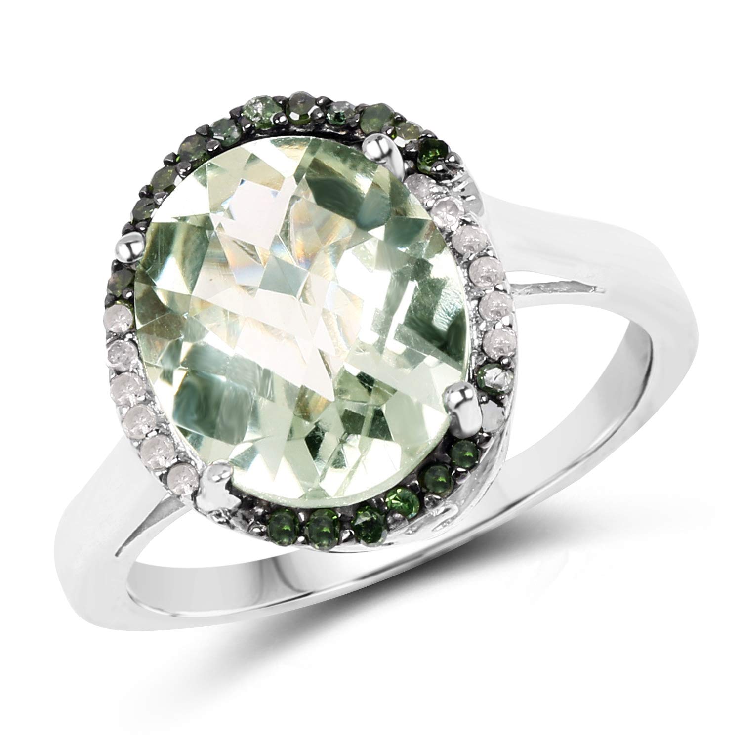 Genuine Oval Prasiolite (Green Amethyst) Diamond Ring in Sterling Silver - Size 7.00 | Elegant Wedding, Engagement & Anniversary Jewelry Gift for Women